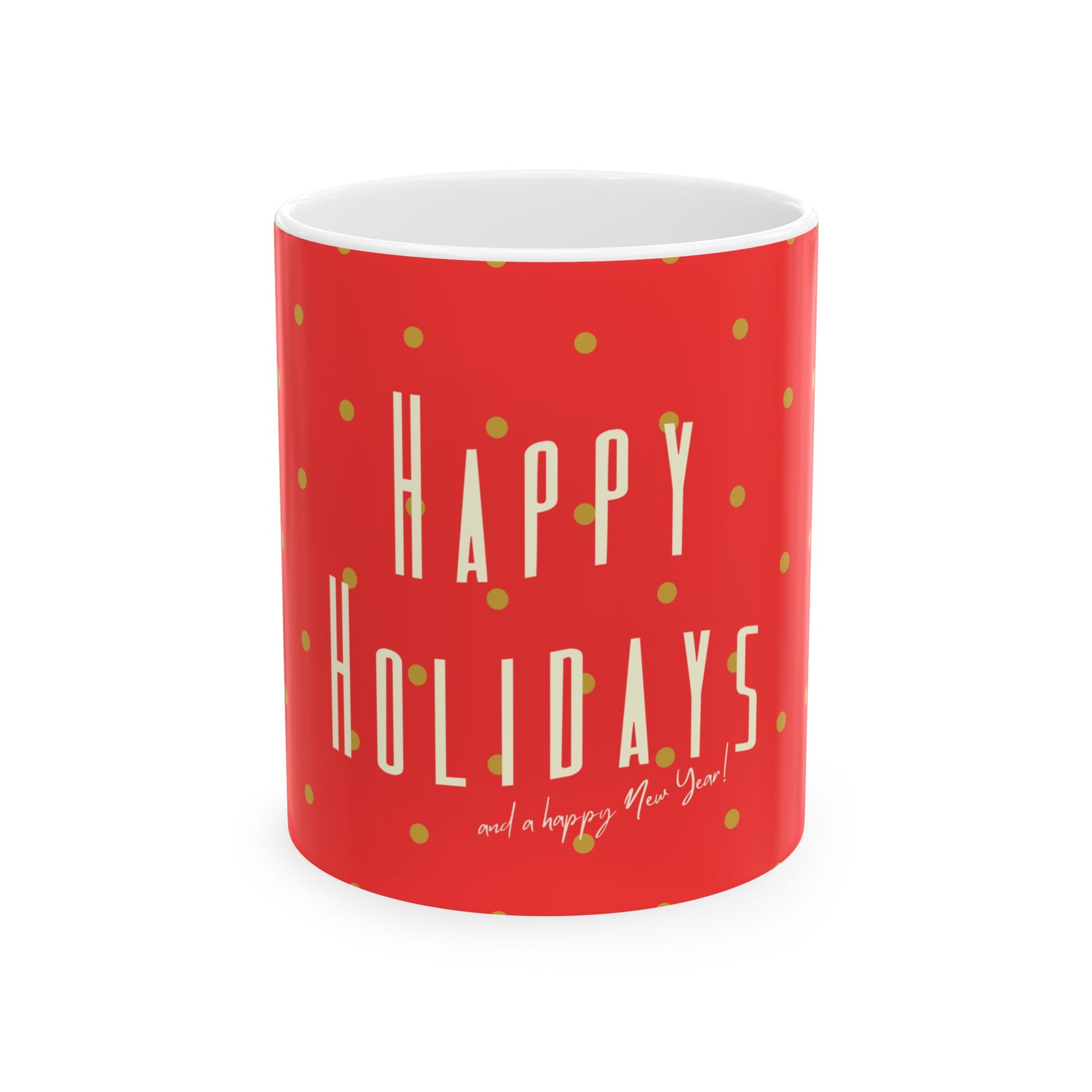 A red ceramic mug with gold polka dots and 'Happy Holidays' printed in cream lettering, on a clean white background.