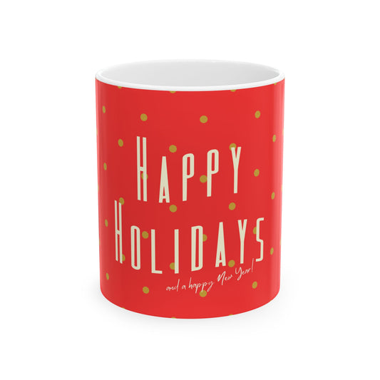 A red ceramic mug with gold polka dots and 'Happy Holidays' printed in cream lettering, on a clean white background.