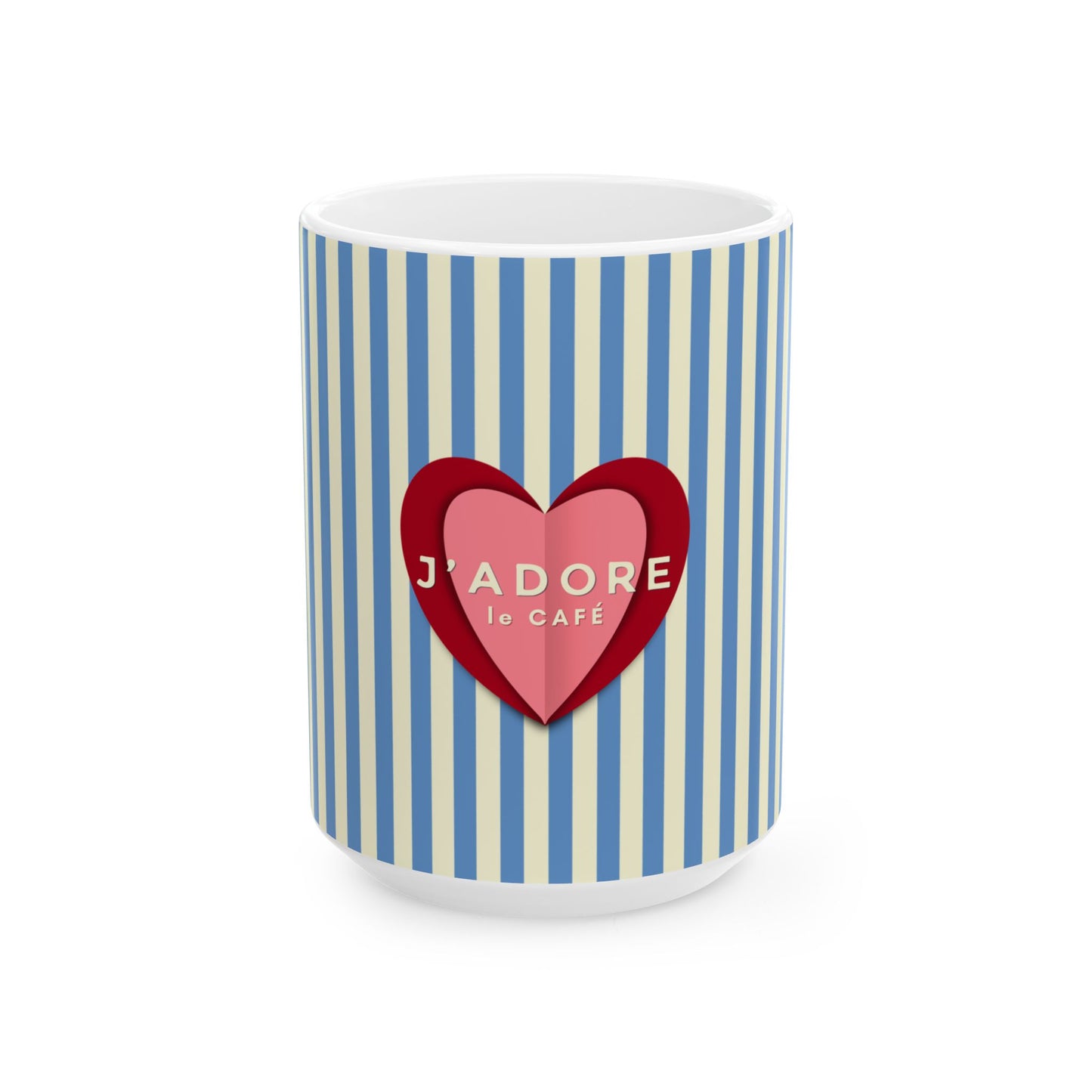 Mug with blue and white striped pattern and red heart design on a white background