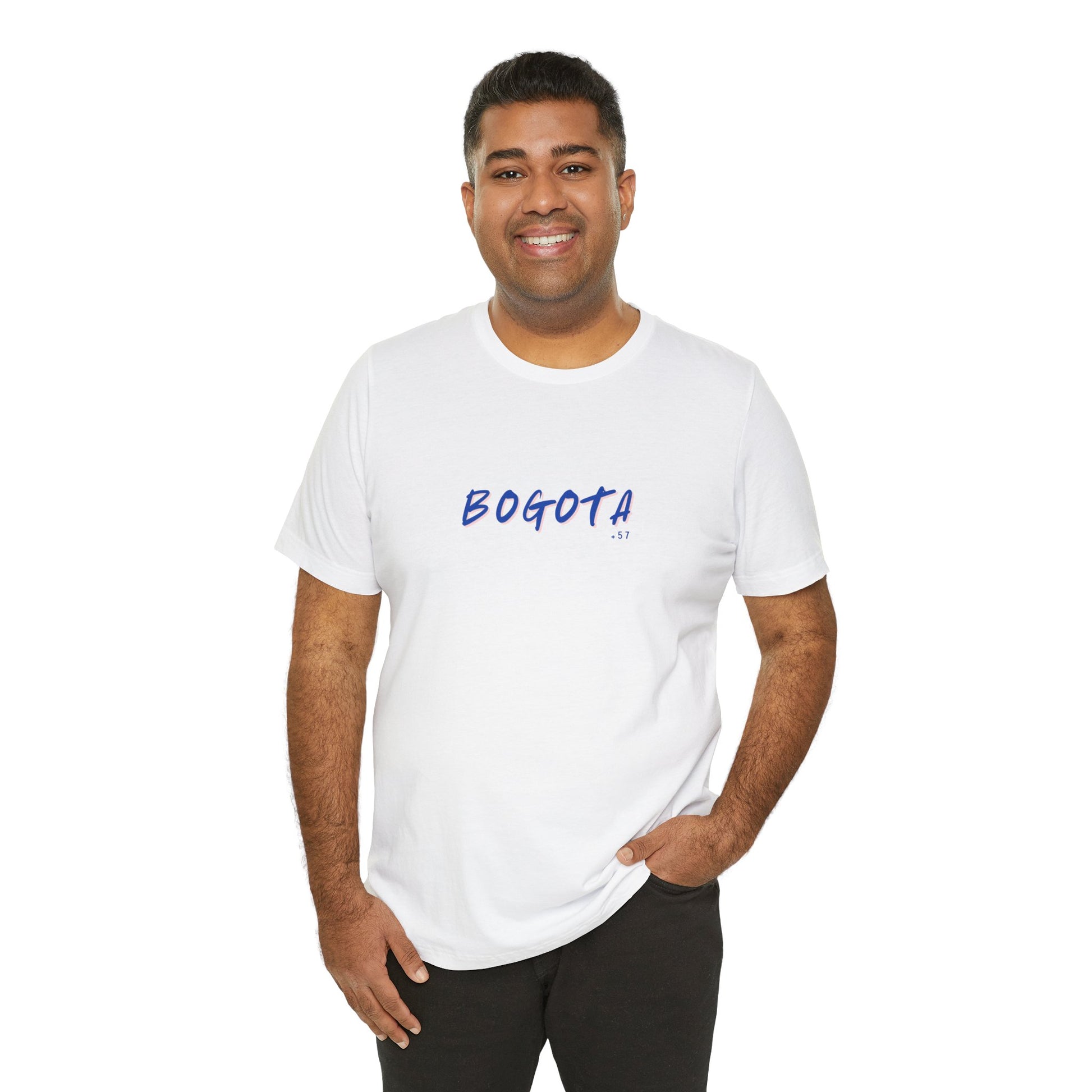 Man wearing a white t-shirt with 'BOGOTA' printed on it against a white background