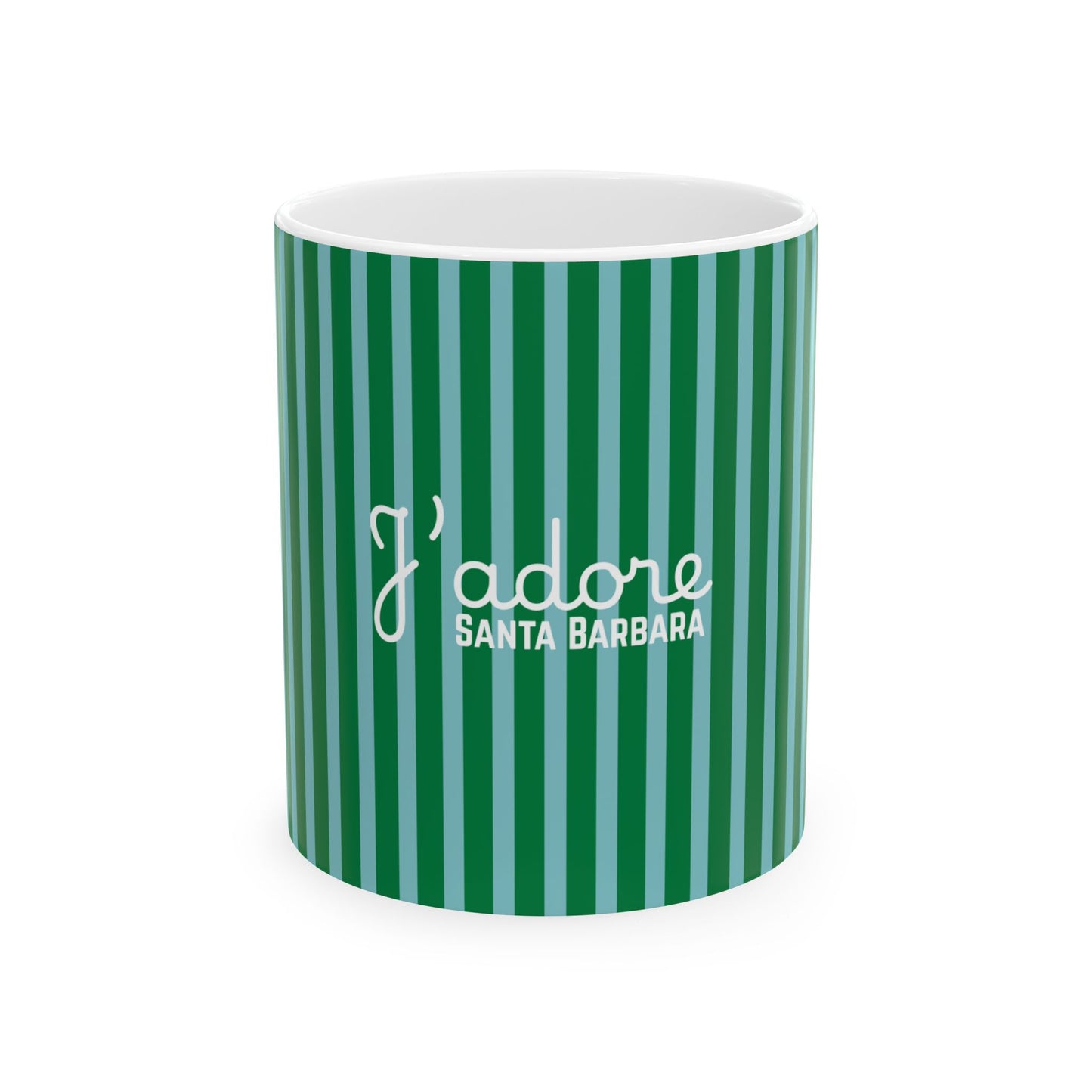 A ceramic mug with a green and light blue vertical striped pattern, featuring the white text 'I adore SANTA BARBARA' on the front, set against a plain white background.