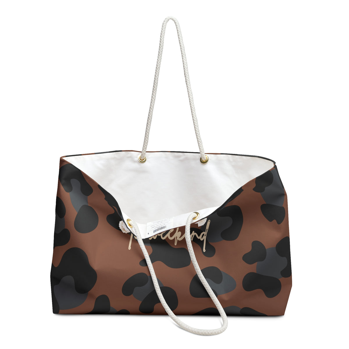 A large tote bag with a brown and black leopard print exterior, a white interior lining, and thick white rope handles, shown on a plain white background.