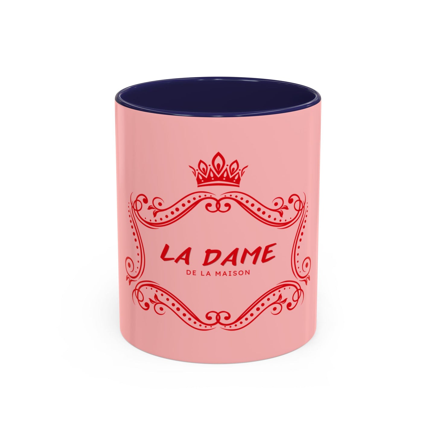 Pink mug with blue interior and 'La Dame de la Maison' text on a white background