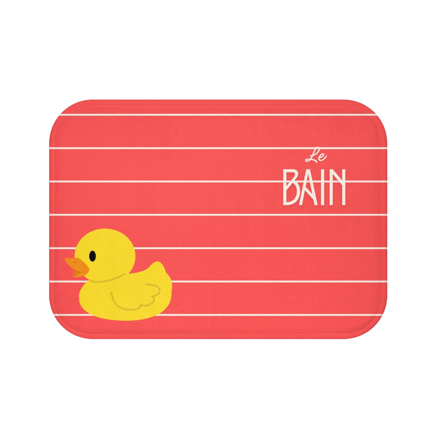 Red striped bath mat with a yellow rubber duck and 'Le Bain' text on a white background