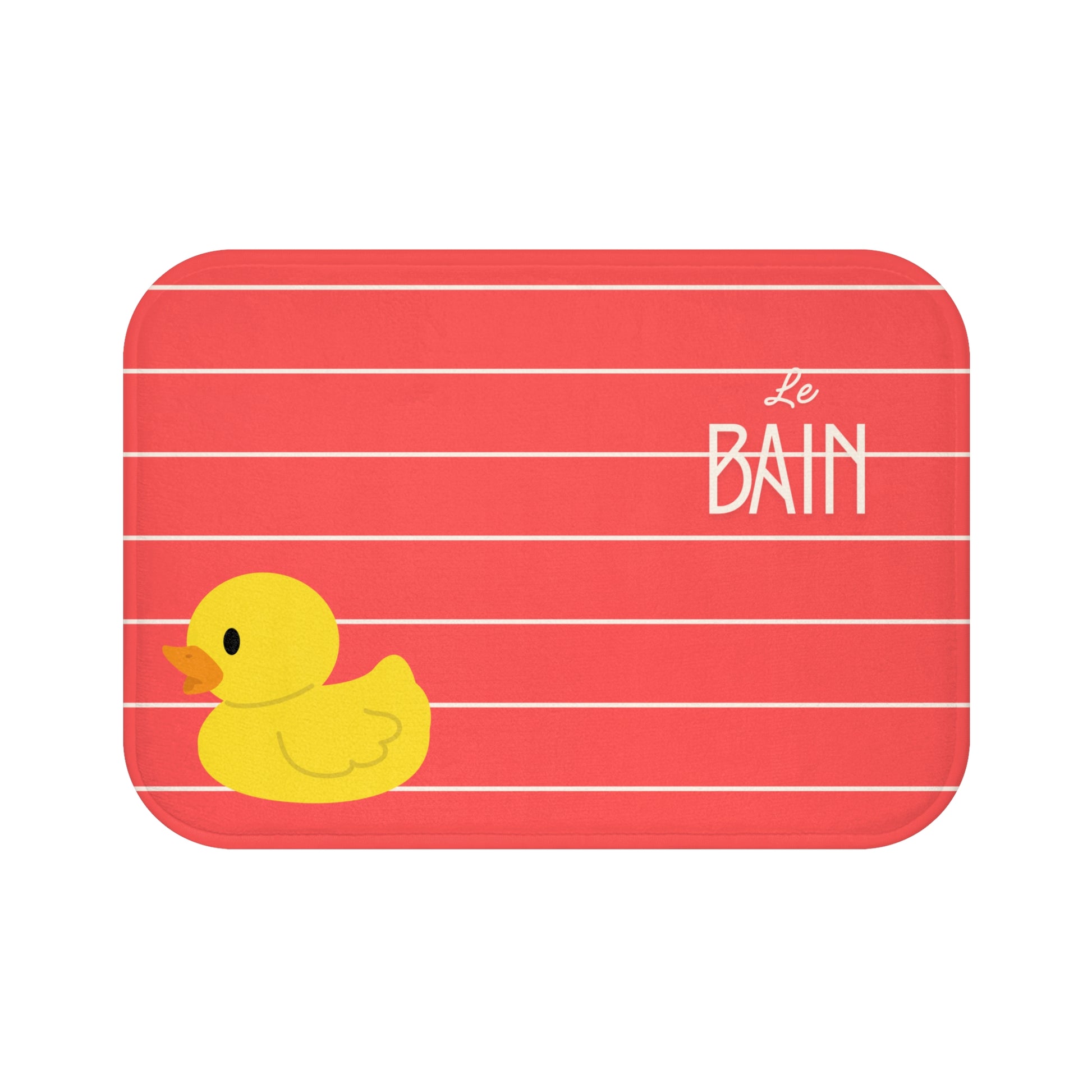 Red striped bath mat with a yellow rubber duck and 'Le Bain' text on a white background