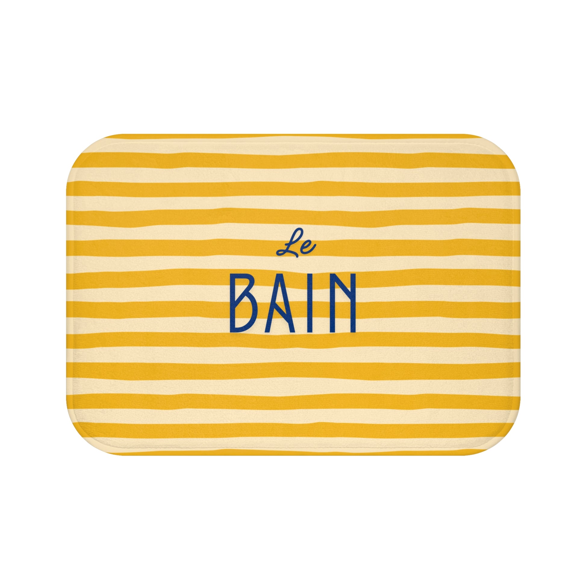Yellow and white striped bath mat with 'Le Bain' text on a white background
