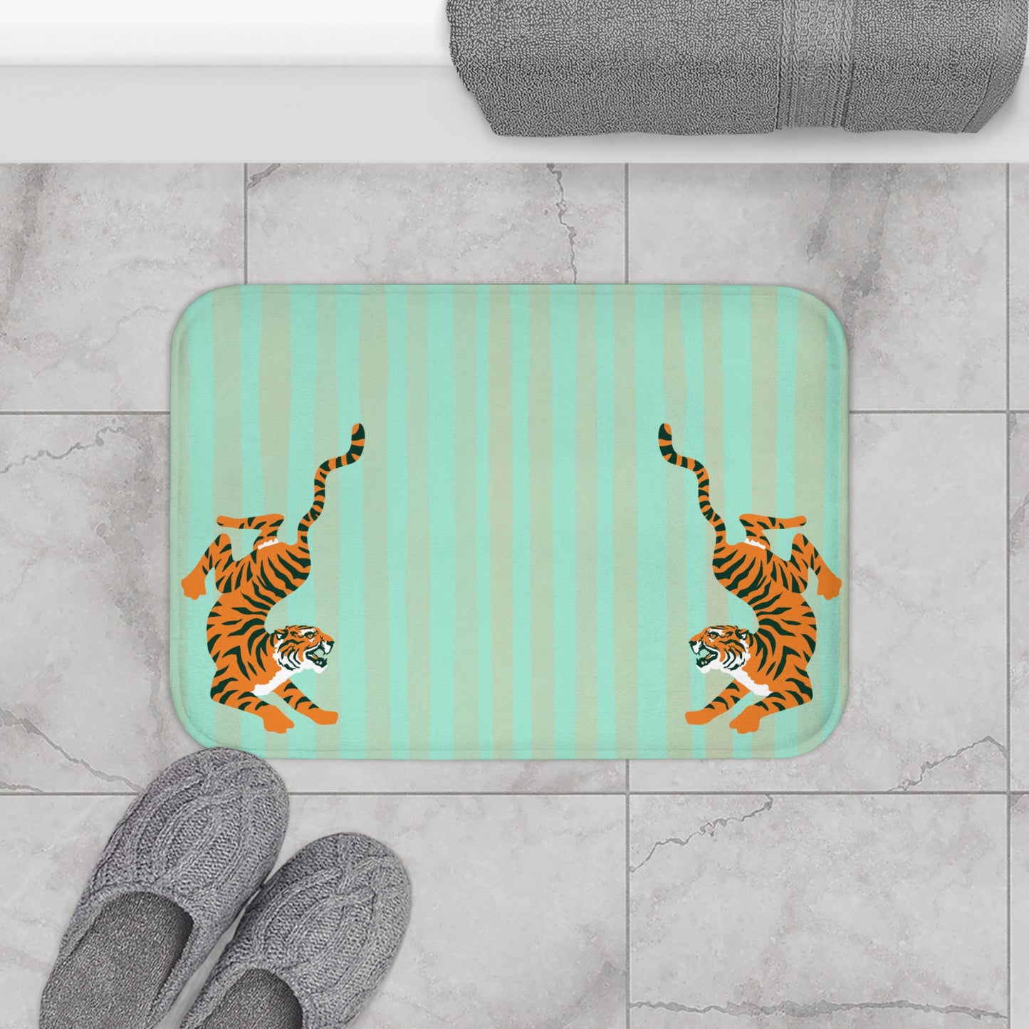 Fiercely Feminine Bath Mat - Pastel Turquoise Striped  Rug with Tigers