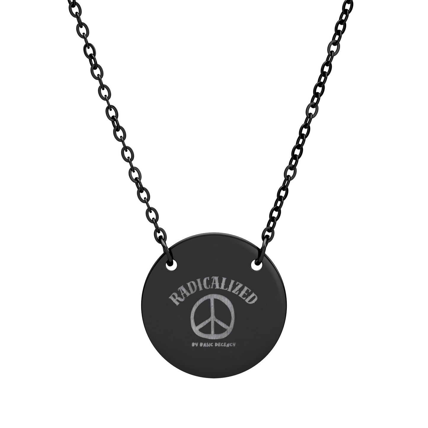 Black necklace with a round pendant featuring a peace symbol and text on a white background