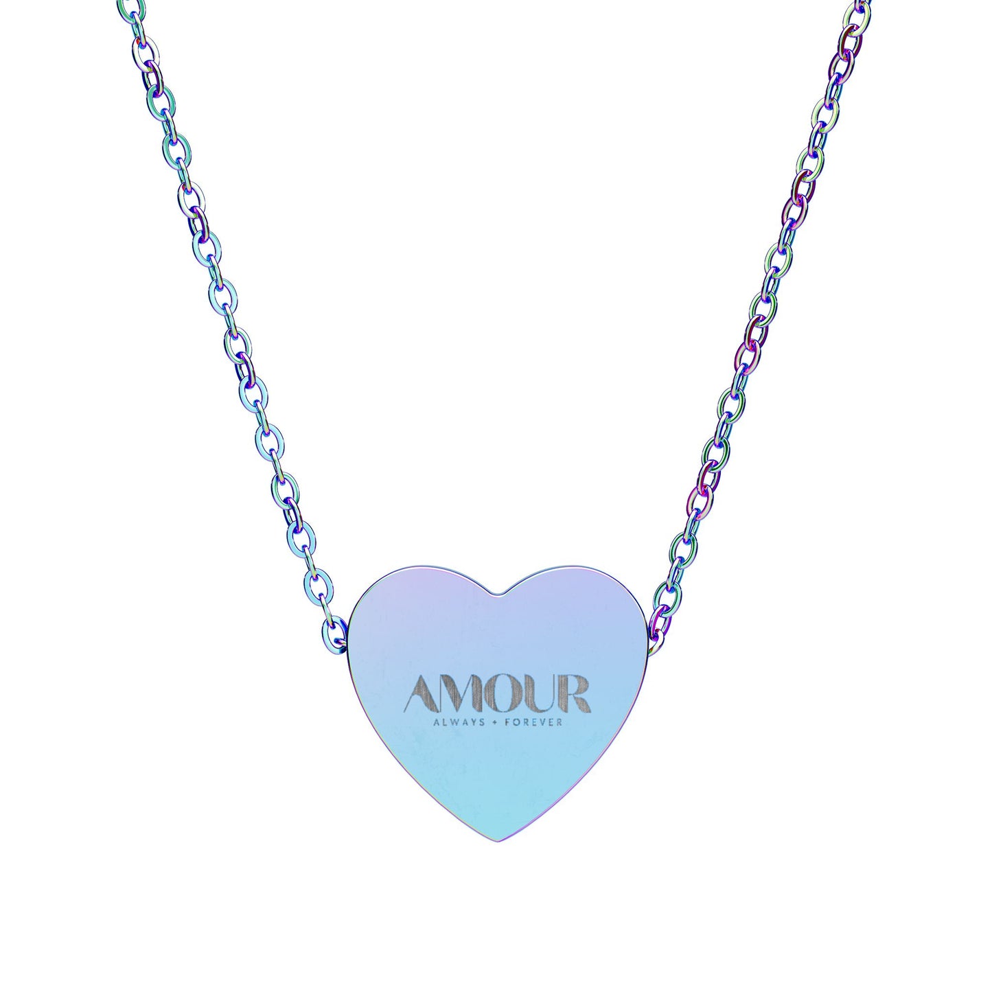 Heart-shaped pendant necklace with 'AMOUR' engraving on a white background