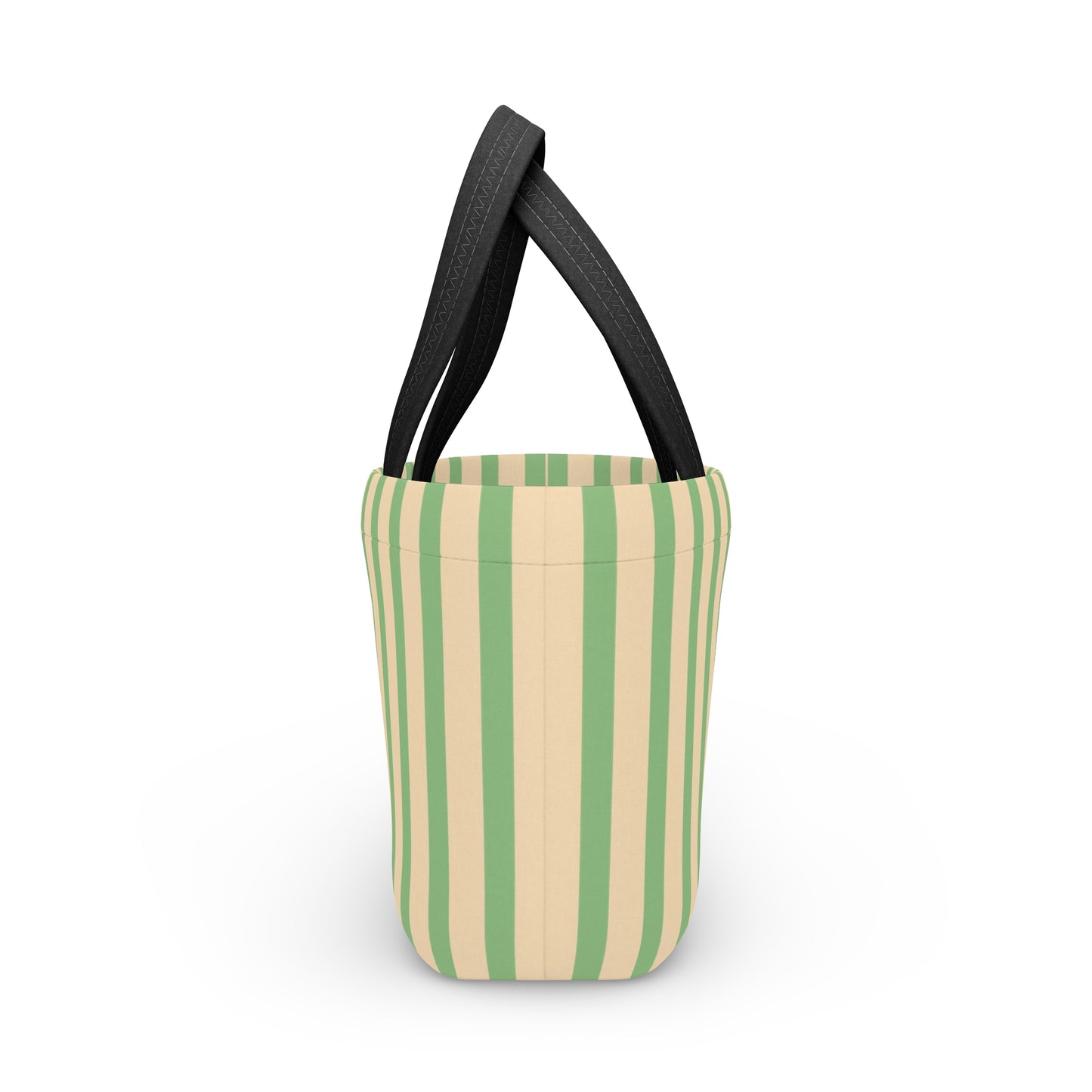 A vertical striped tote bag with alternating light green and cream stripes, featuring black shoulder straps, shown on a plain white background.