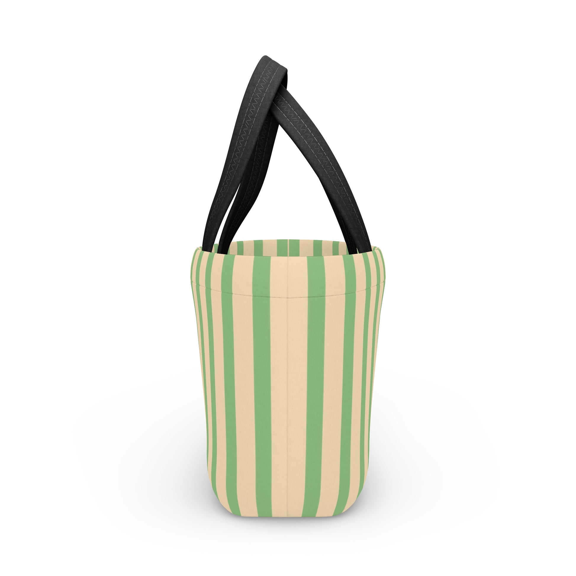 A vertical striped tote bag with alternating light green and cream stripes, featuring black shoulder straps, shown on a plain white background.