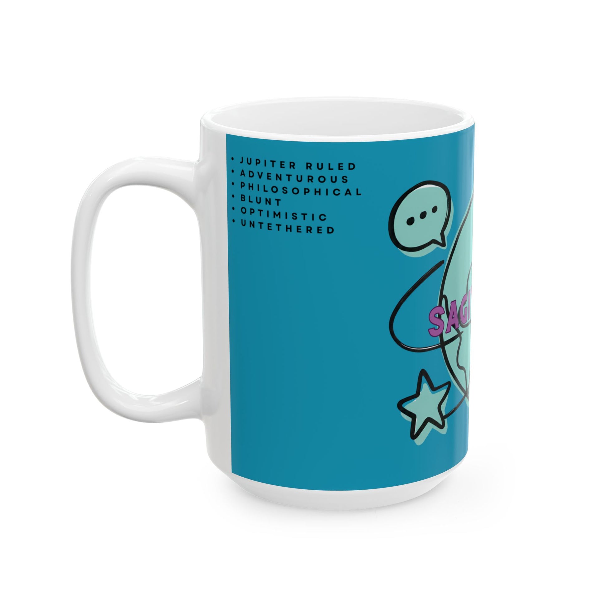 White mug with blue design featuring text and graphics on a white background