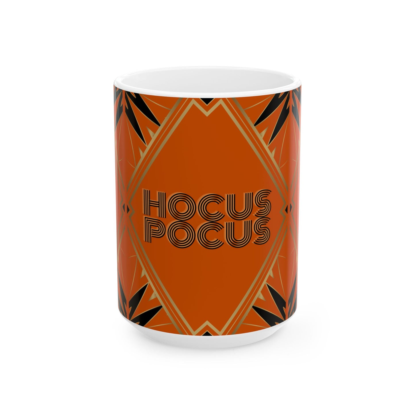 A white ceramic mug featuring a retro orange and black geometric pattern with the words 'HOCUS POCUS' printed in stylized black lettering on the front, set against a plain white background.
