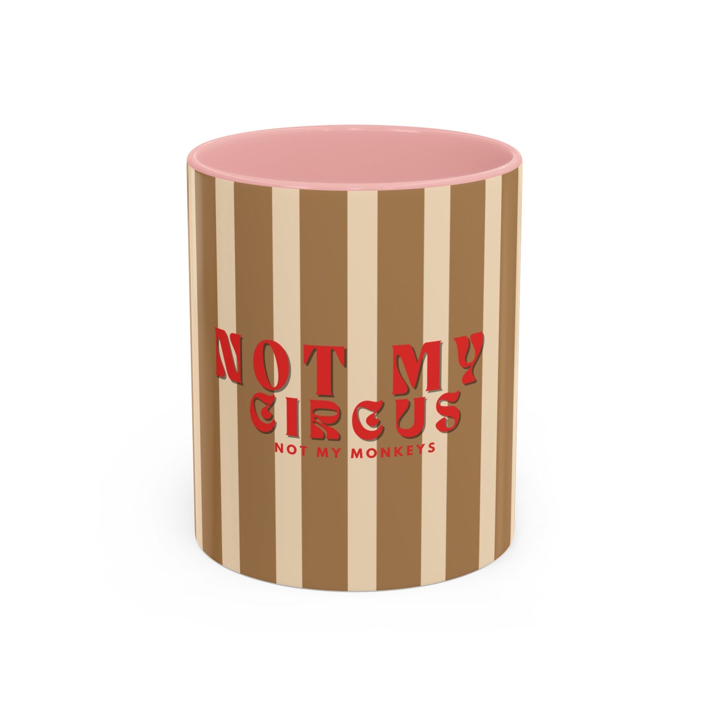 Striped container with pink top and red text on a white background