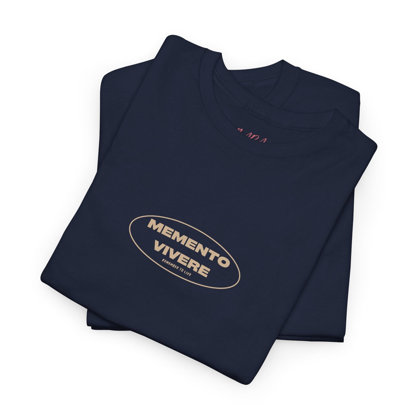 Folded navy blue shirt with 'Memento Vivere' logo on a white background