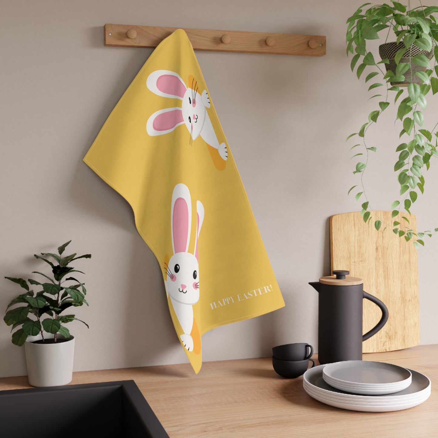 Easter Bunny Peek Cotton Tea Towel, Pastel Orange  - "Happy Easter!" Kitchen Towel