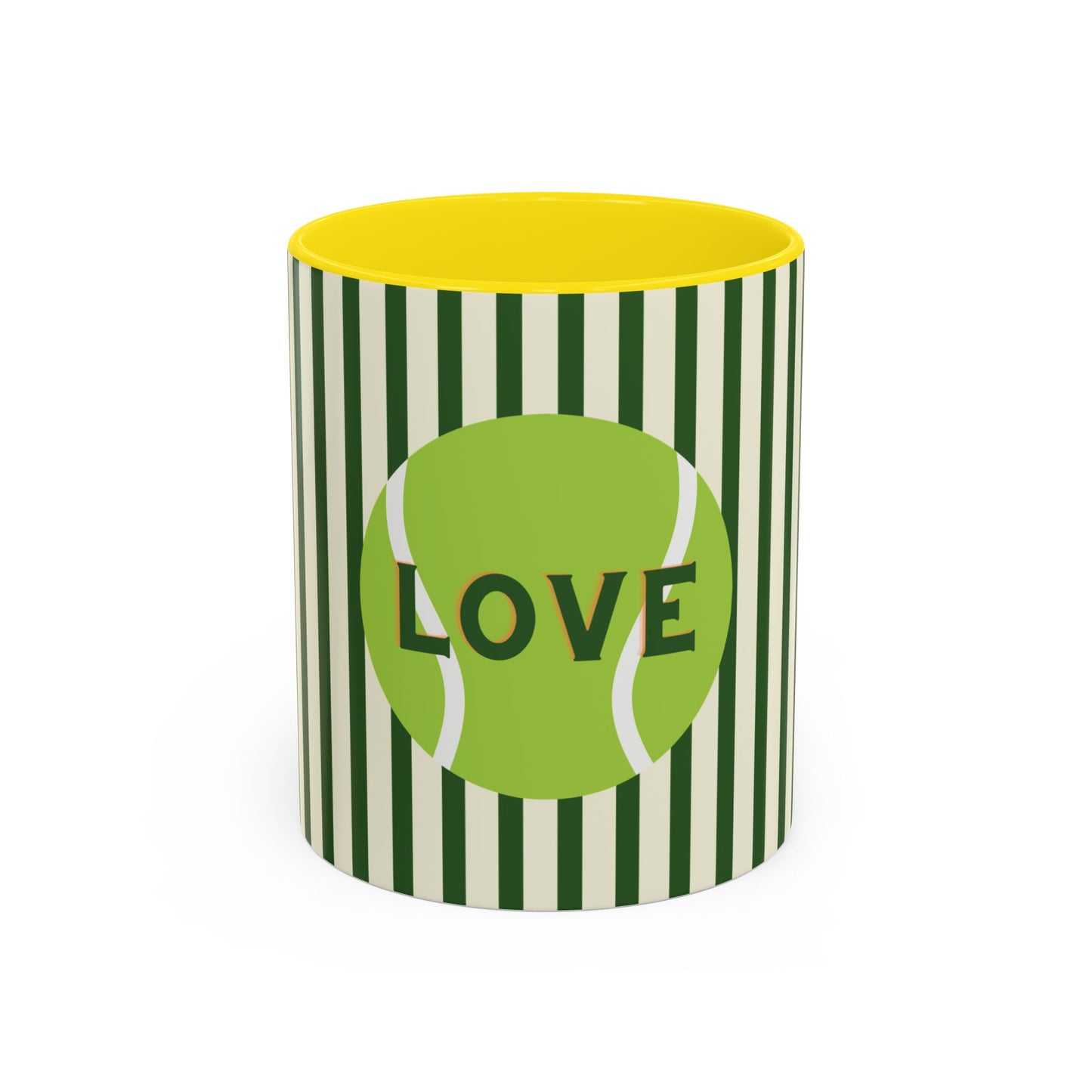 Cylindrical container with green and white striped design and yellow lid featuring a tennis ball with 'LOVE' text.