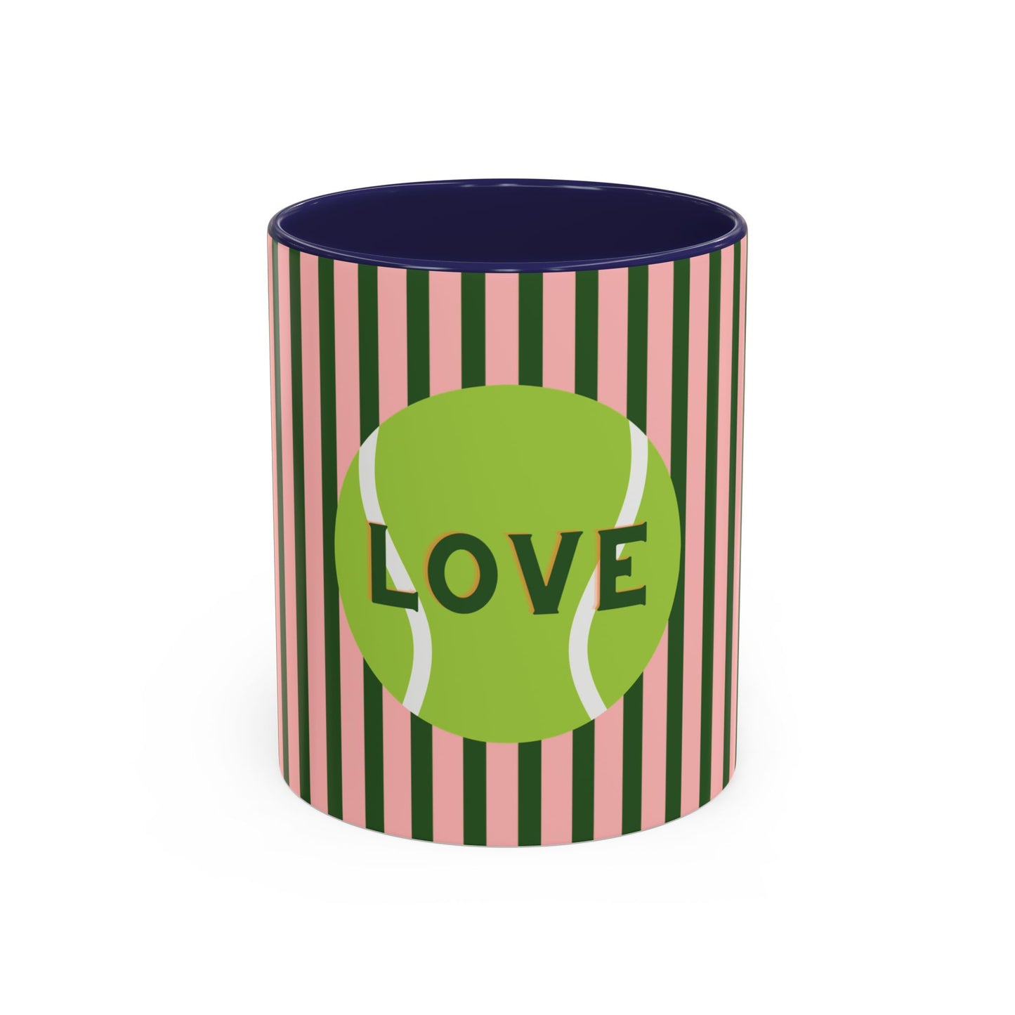 Mug with tennis ball design and 'LOVE' text on striped pattern