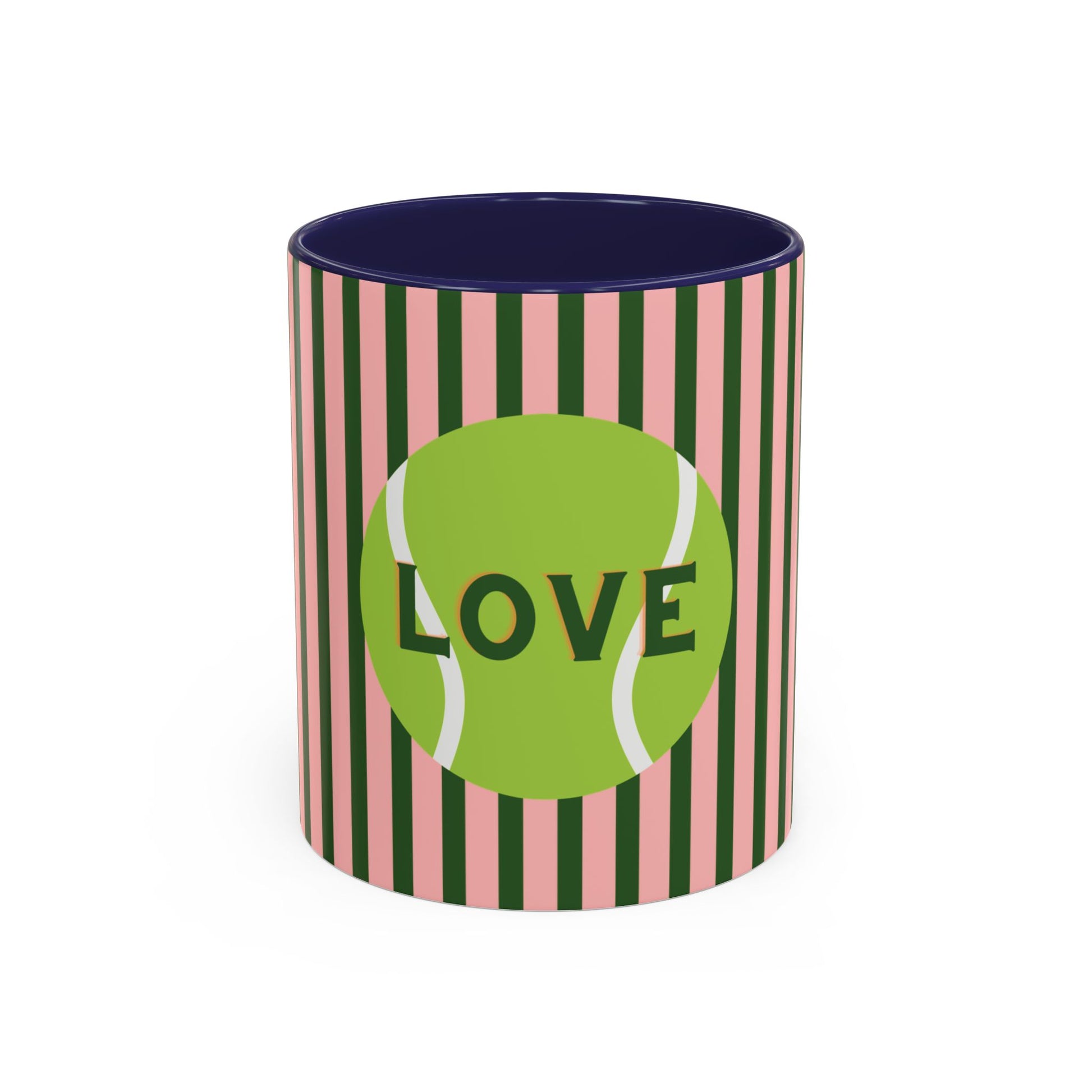 Mug with tennis ball design and 'LOVE' text on striped pattern