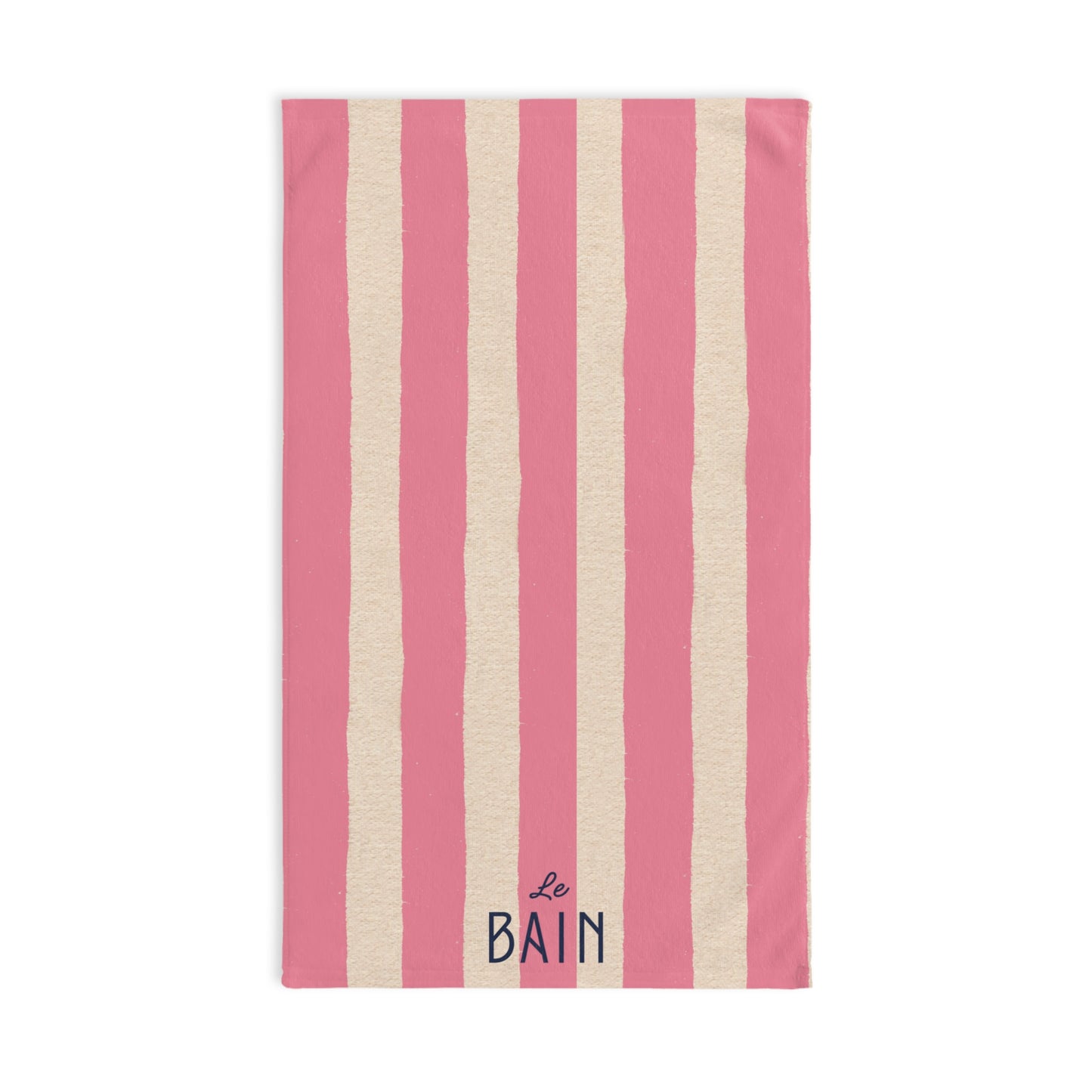Striped towel with pink and beige vertical stripes and 'Le Bain' text on a white background