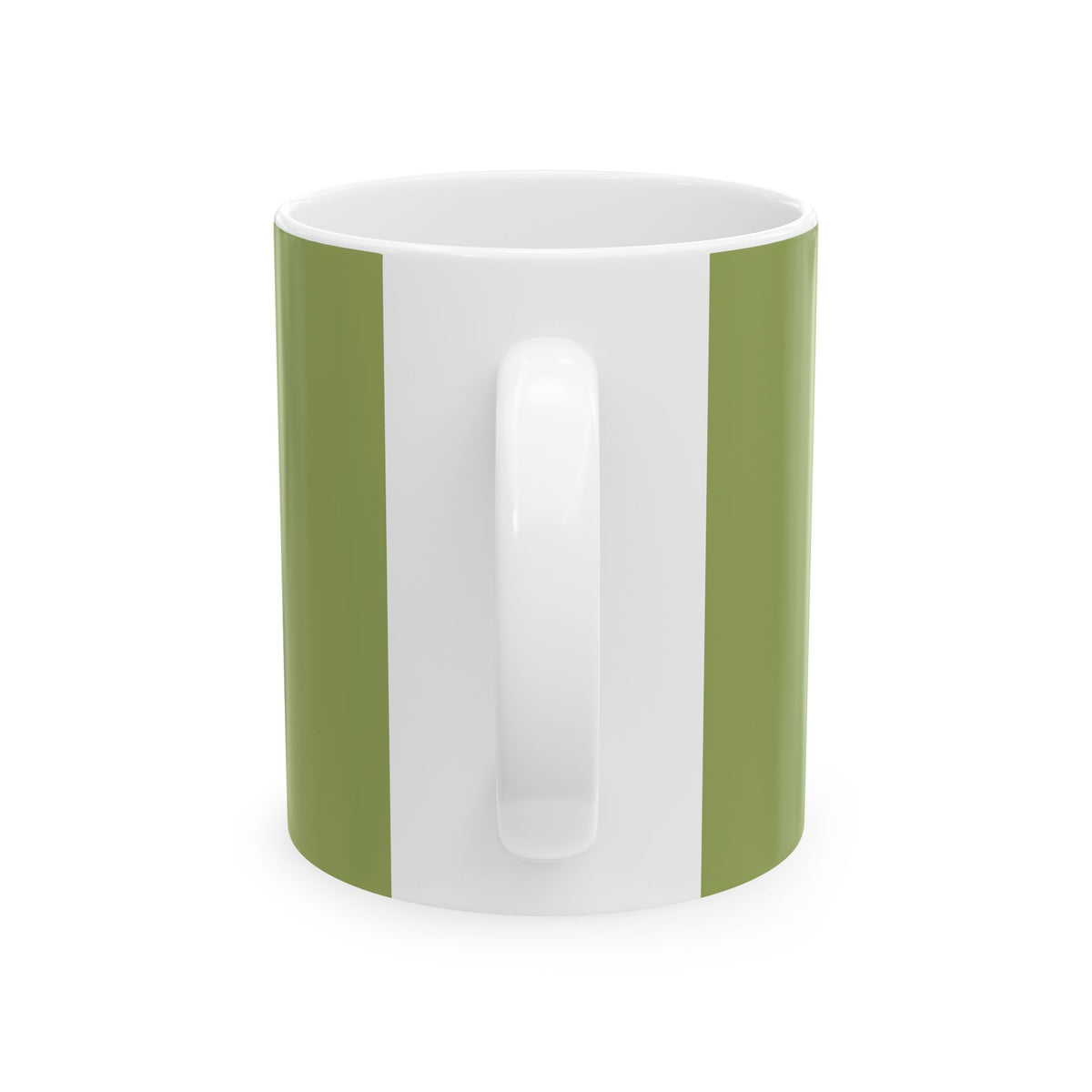 White mug with brown stripes and pink floral designs on a white background