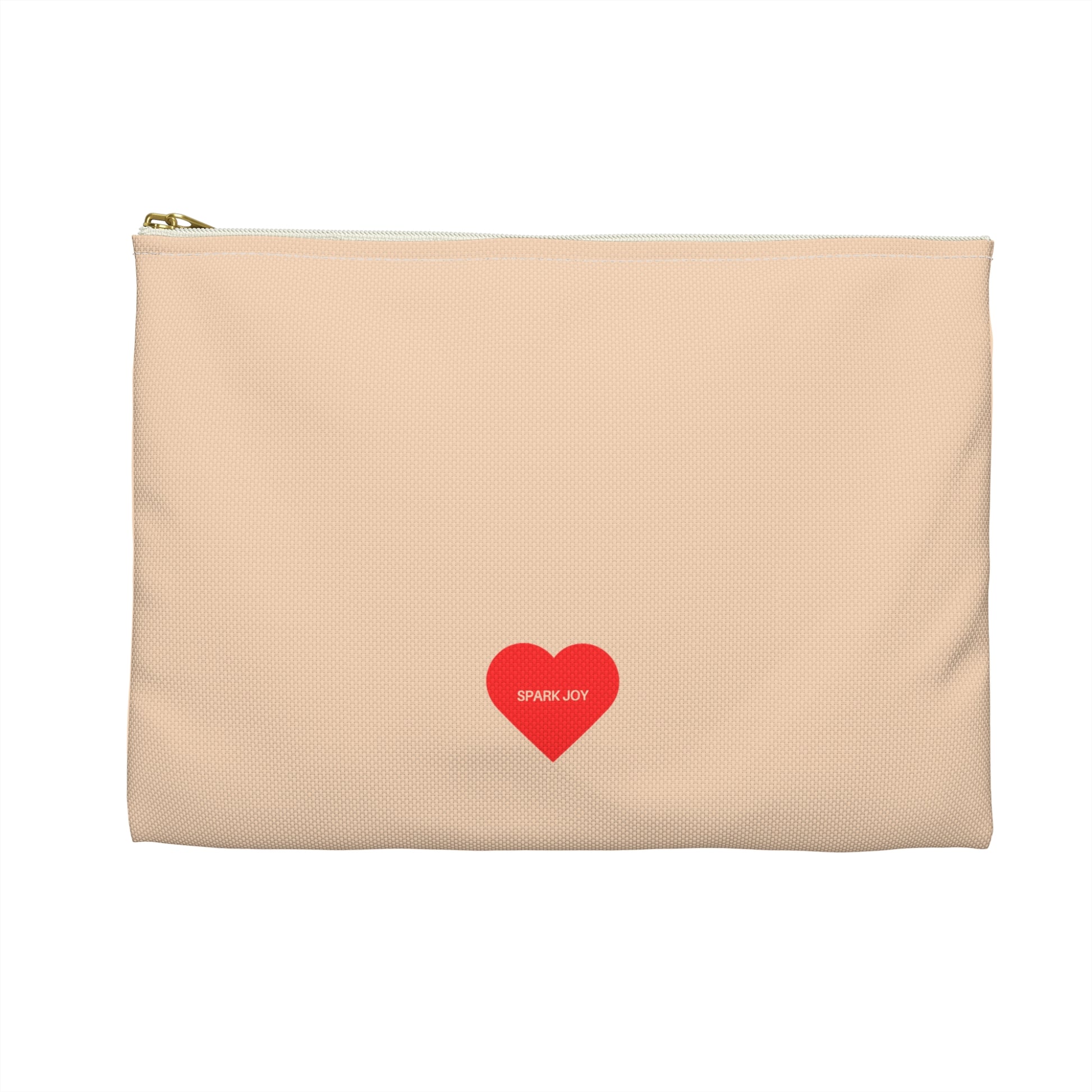 Beige pouch with a red heart and 'Spark Joy' text on a white background
