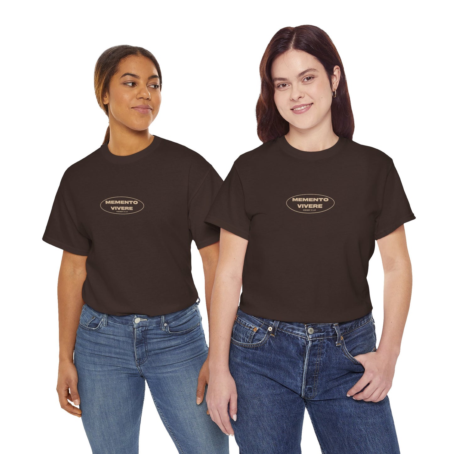Two people wearing black t-shirts with 'MEMENTO VIVERE' logo on a white background