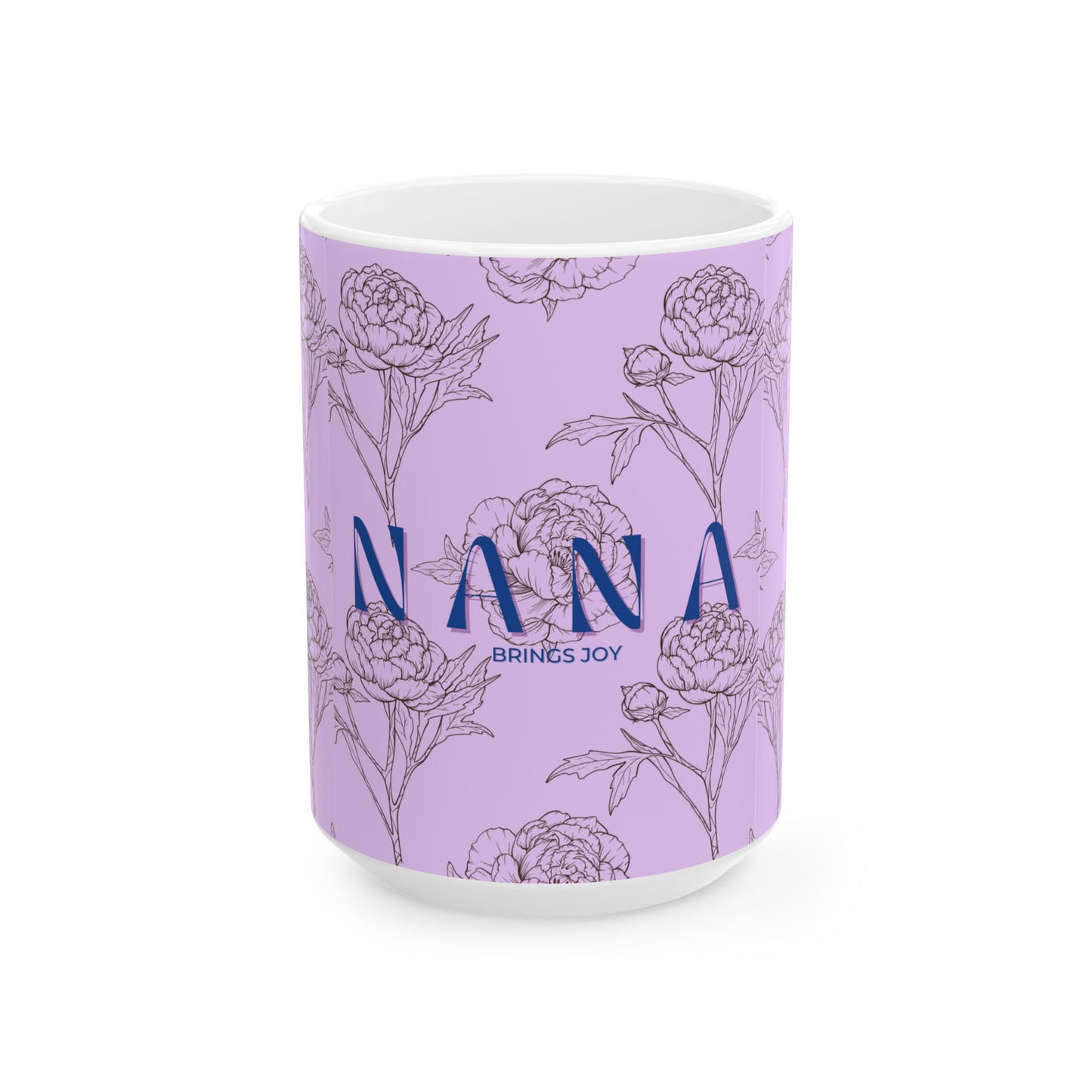 Mug with floral design and 'Nana Brings Joy' text on a purple background