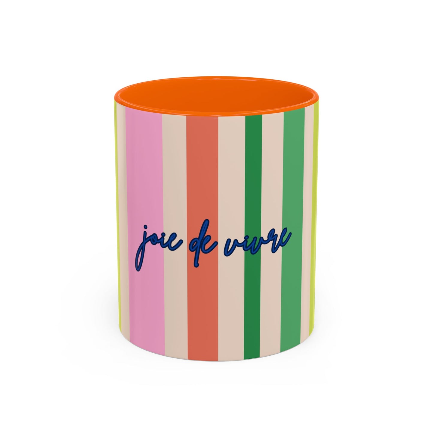 Colorful striped mug with 'joie de vivre' text on a white background