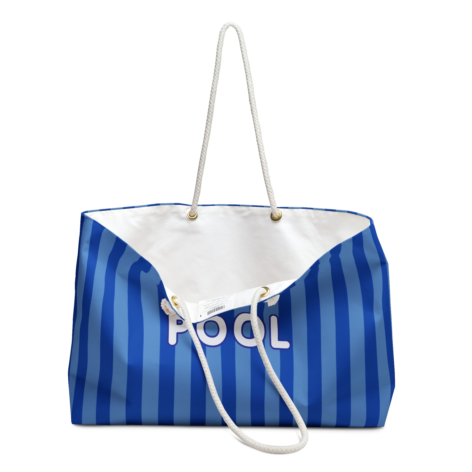 Blue and white striped tote bag with 'POOL' text on a white background