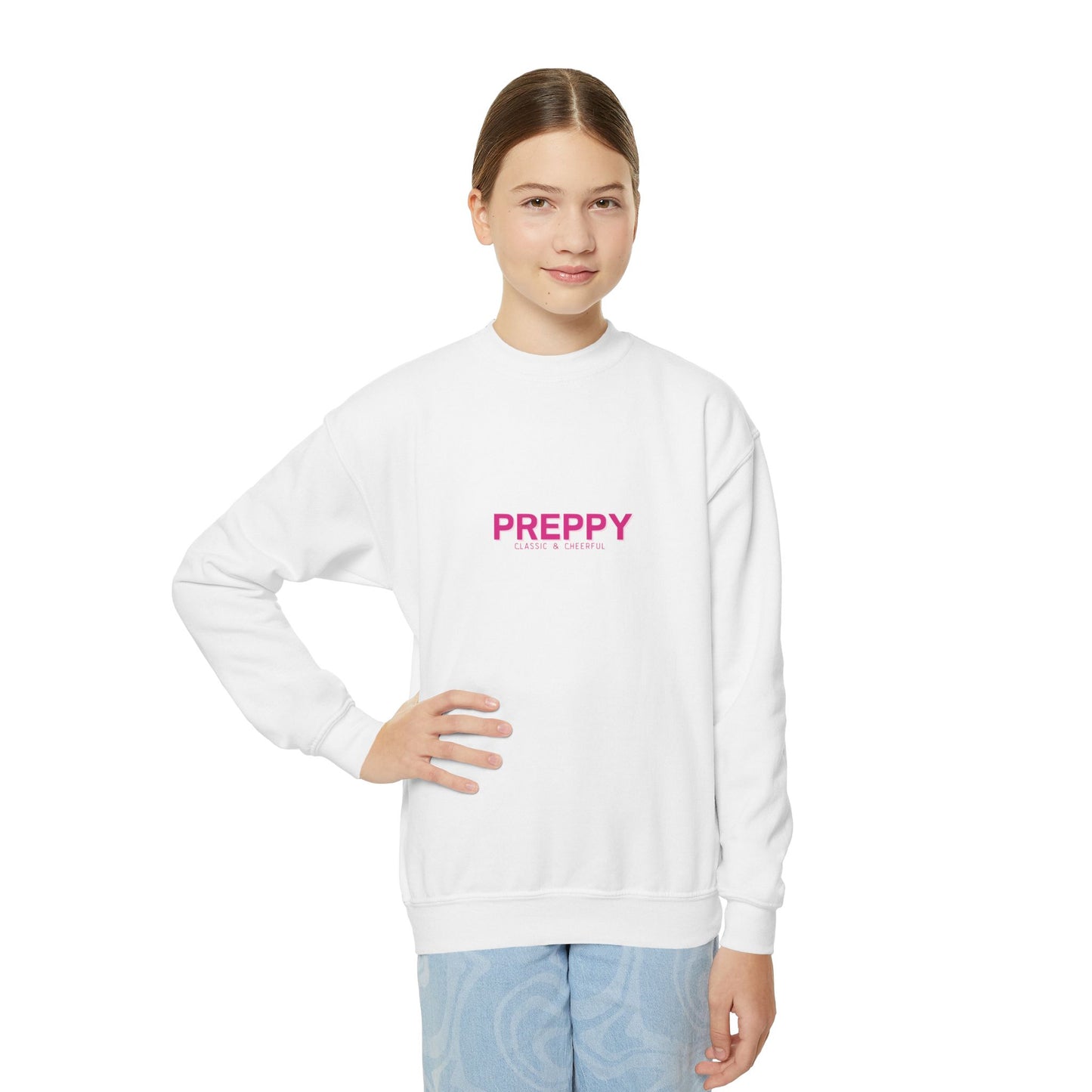 Teen wearing a white sweatshirt with 'PREPPY' printed in pink on a white background