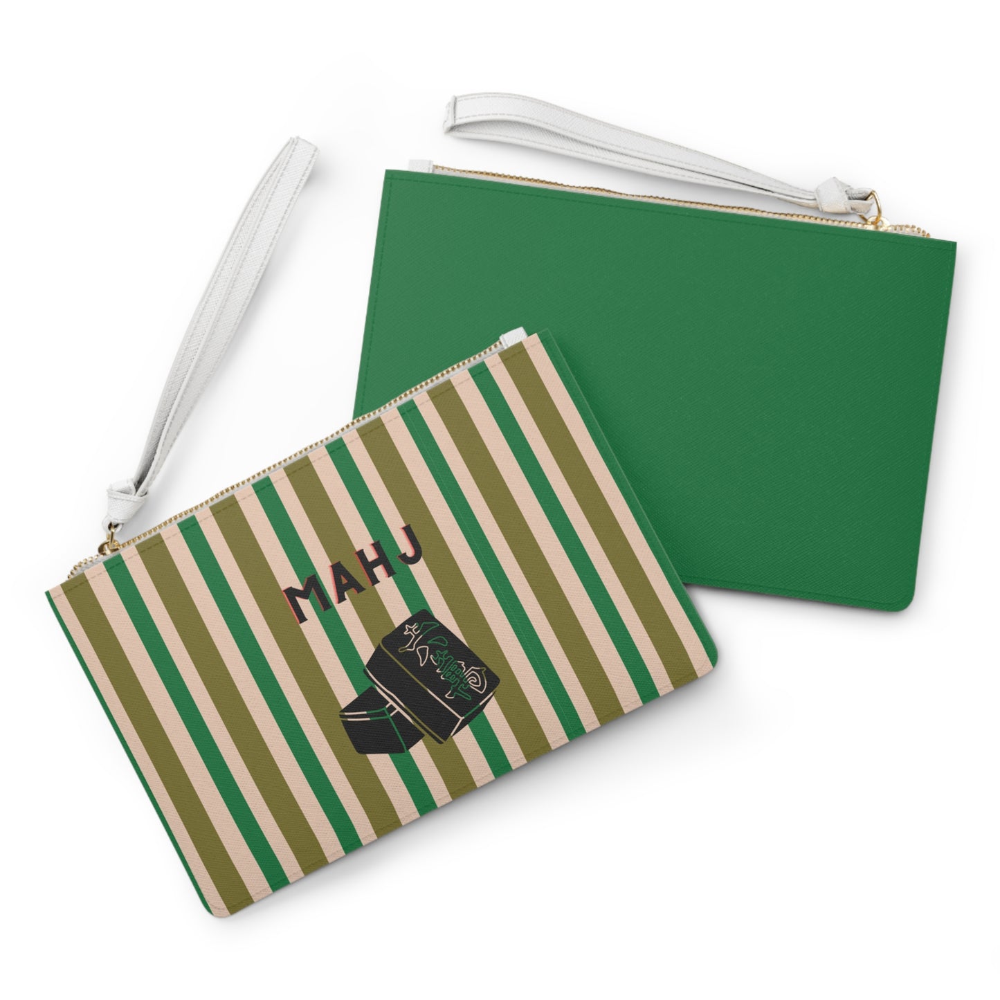 Two wristlet pouches shown on a white background. The front pouch has vertical olive green and beige stripes, a white wrist strap, and a black graphic with the text 'MAHU'.