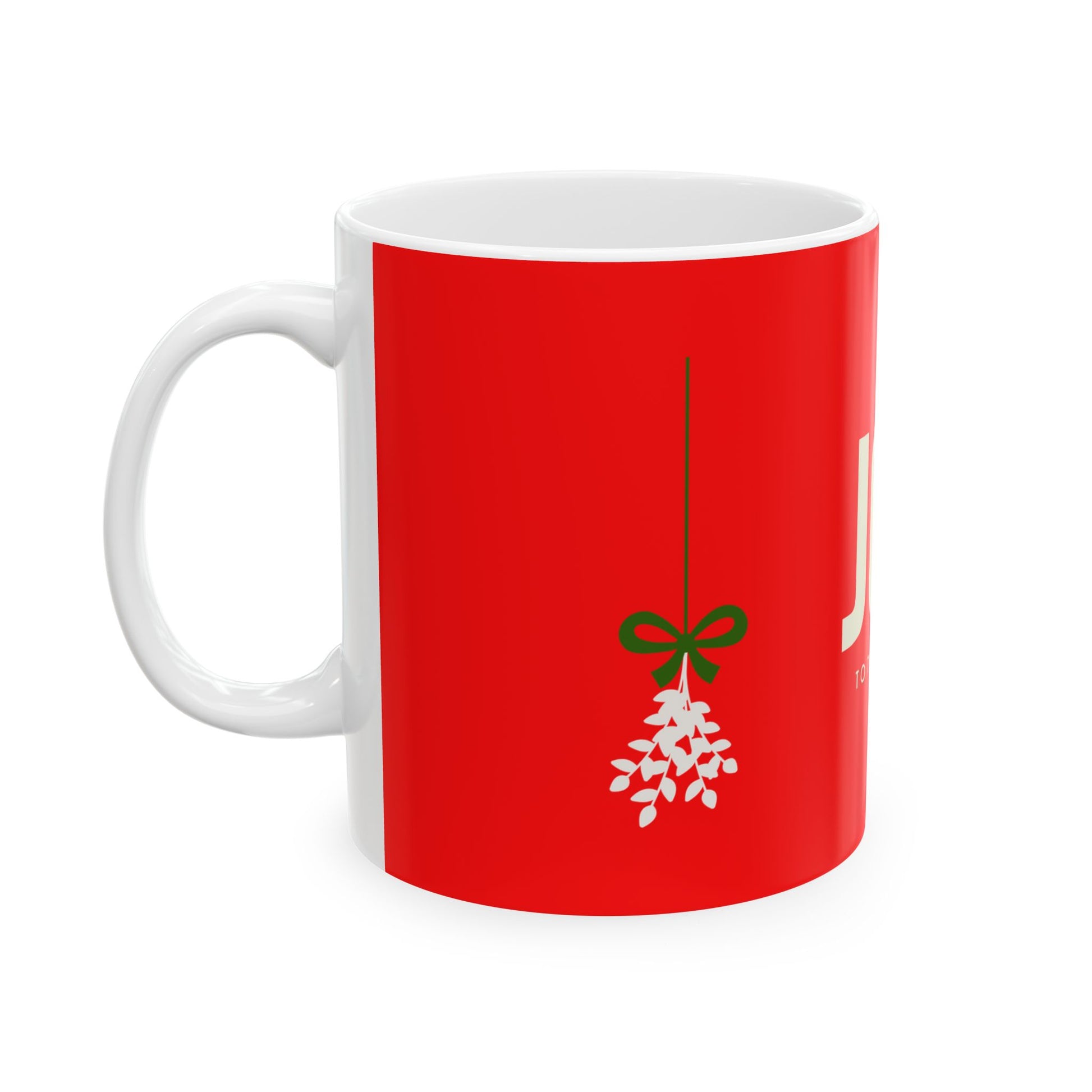 Red mug with a white Christmas design on a white background
