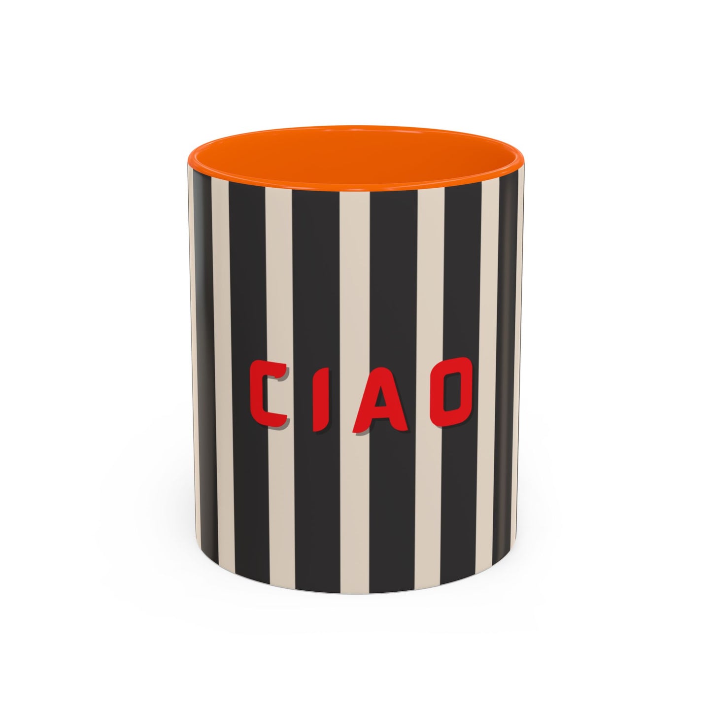 Cylindrical container with black and white stripes and red 'CIAO' text on an orange lid.
