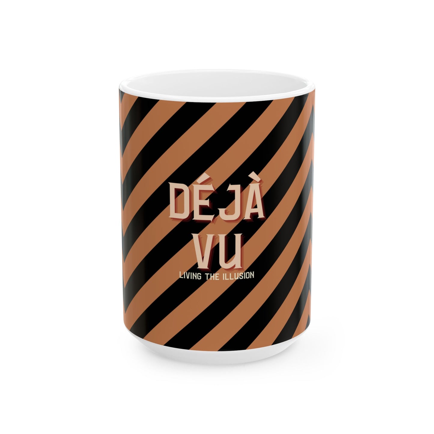 Mug with brown and black diagonal stripes and 'Deja Vu' text on a white background