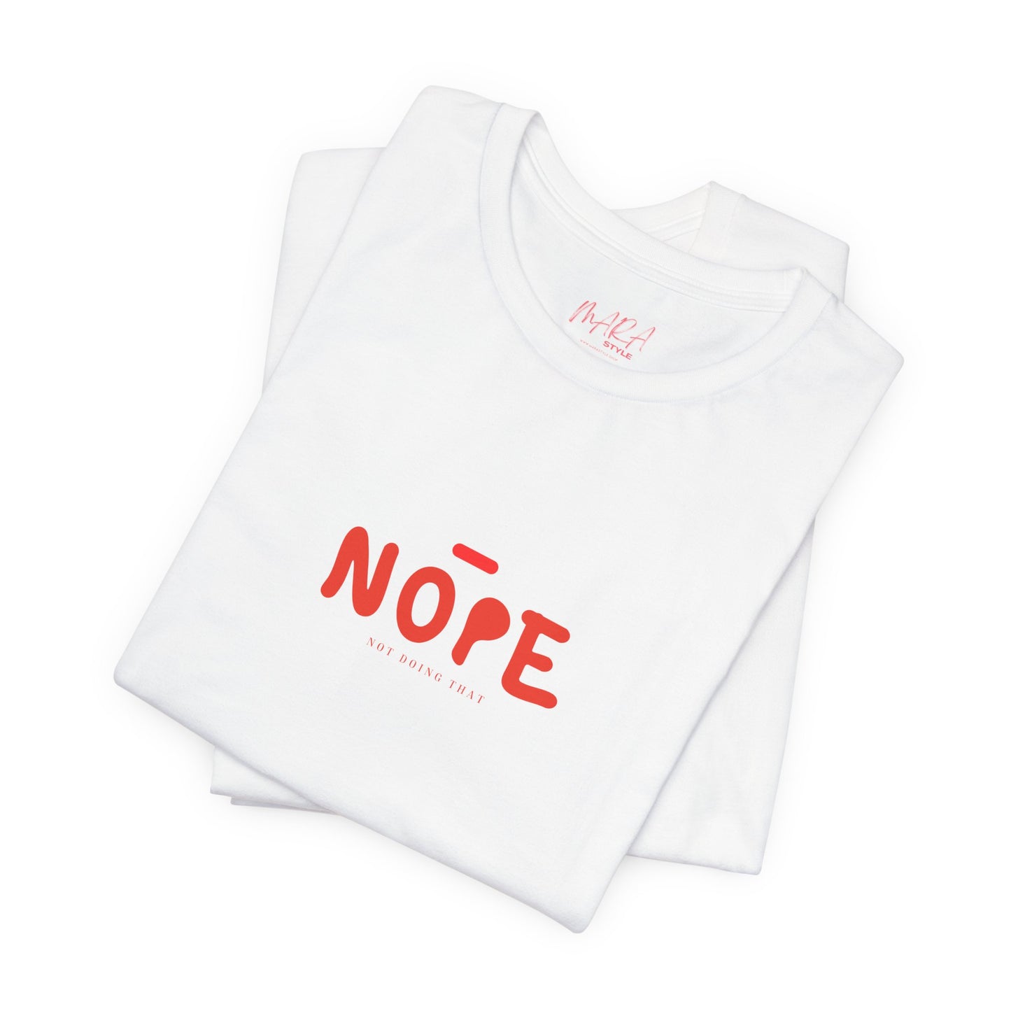 White t-shirt with red text 'NO×E' on a white background