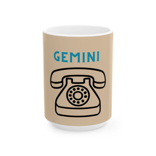 Mug with 'Gemini' text and vintage telephone design on a beige background