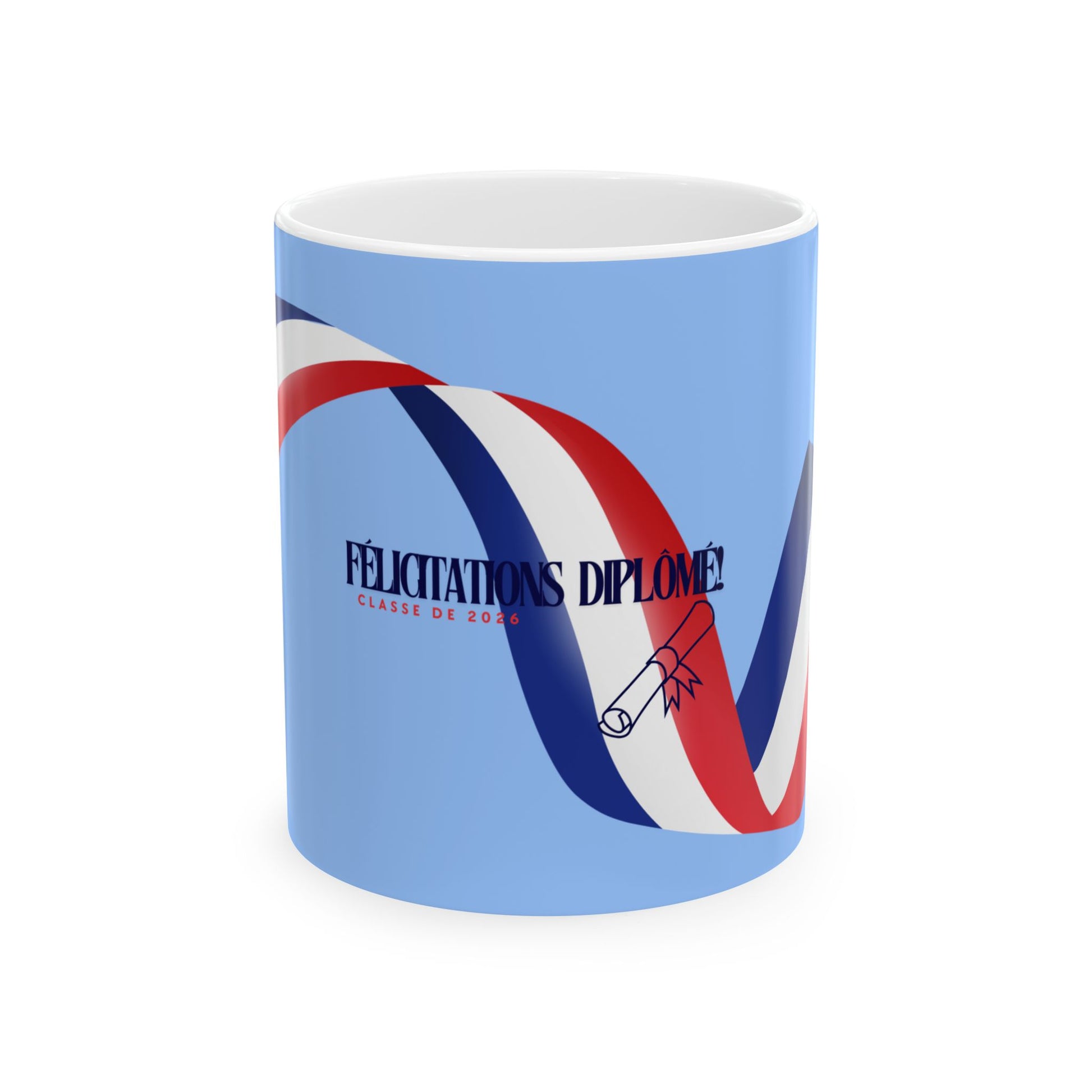 Mug with French text 'Félicitations Diplômè' and tricolor design on a light blue background