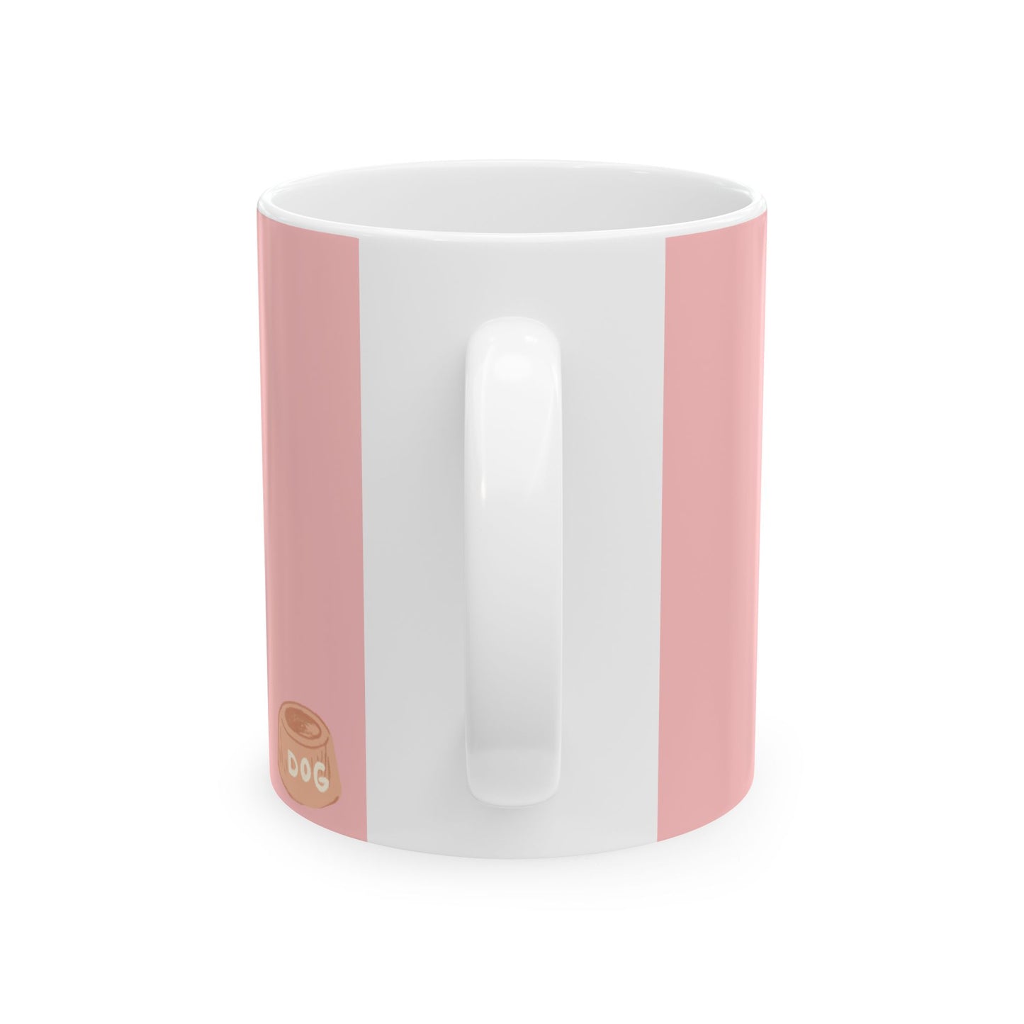 A white ceramic mug with vertical pink stripes on the outside and a small gold dog bowl graphic near the bottom left, shown on a clean white background.