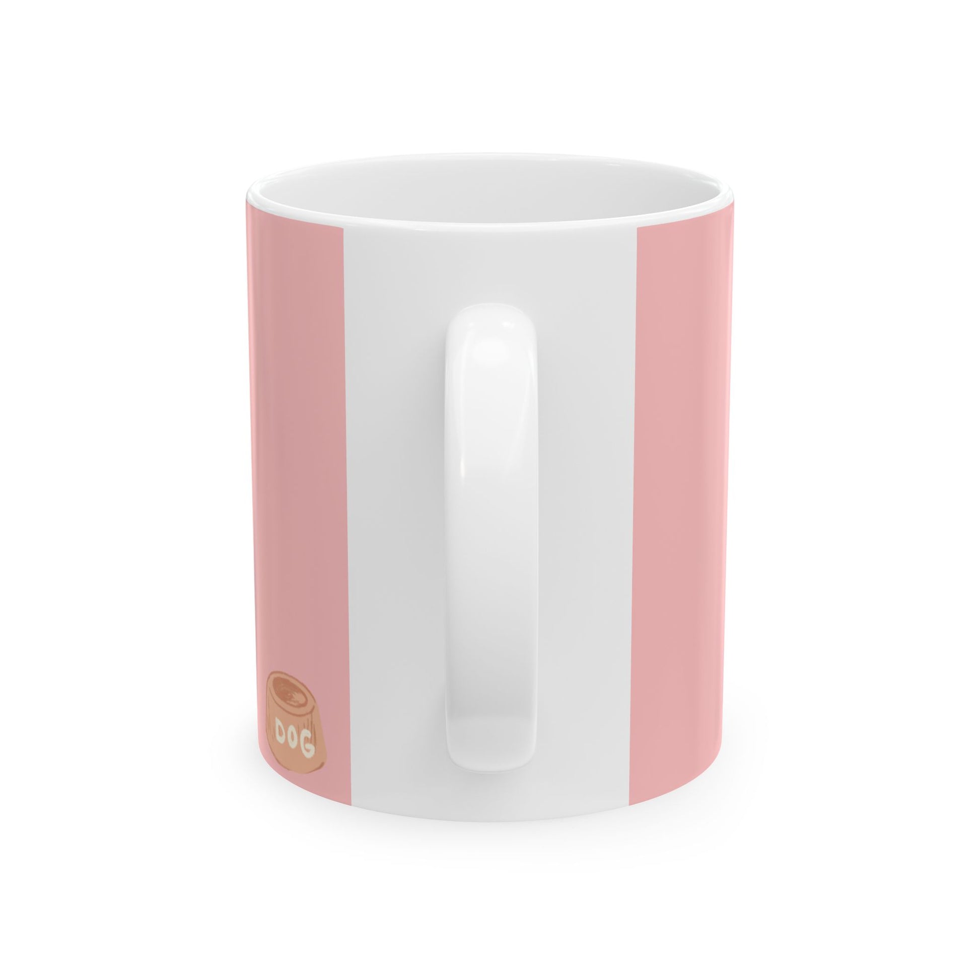 A white ceramic mug with vertical pink stripes on the outside and a small gold dog bowl graphic near the bottom left, shown on a clean white background.