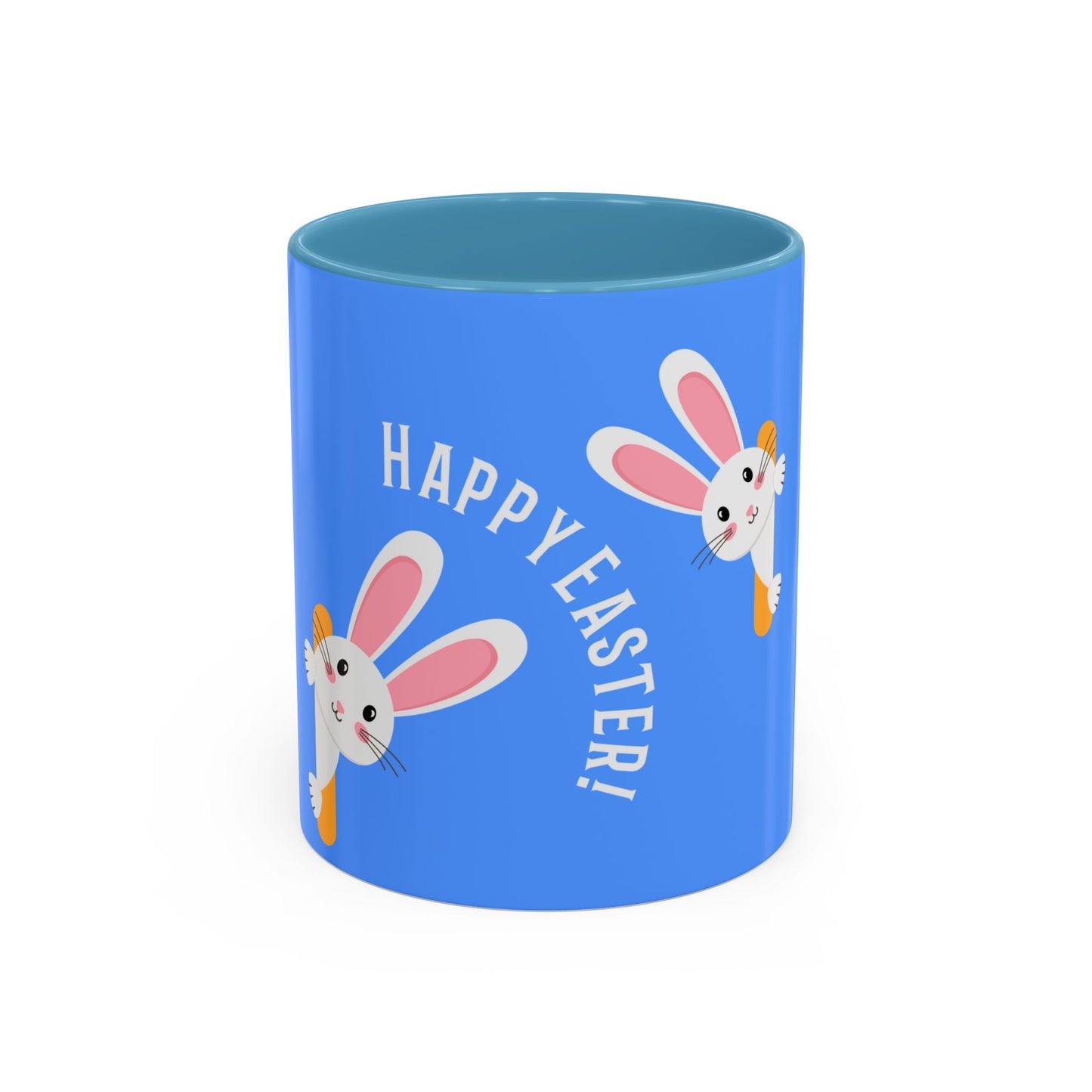 Blue cup with 'Happy Easter!' text and bunny illustrations on a white background