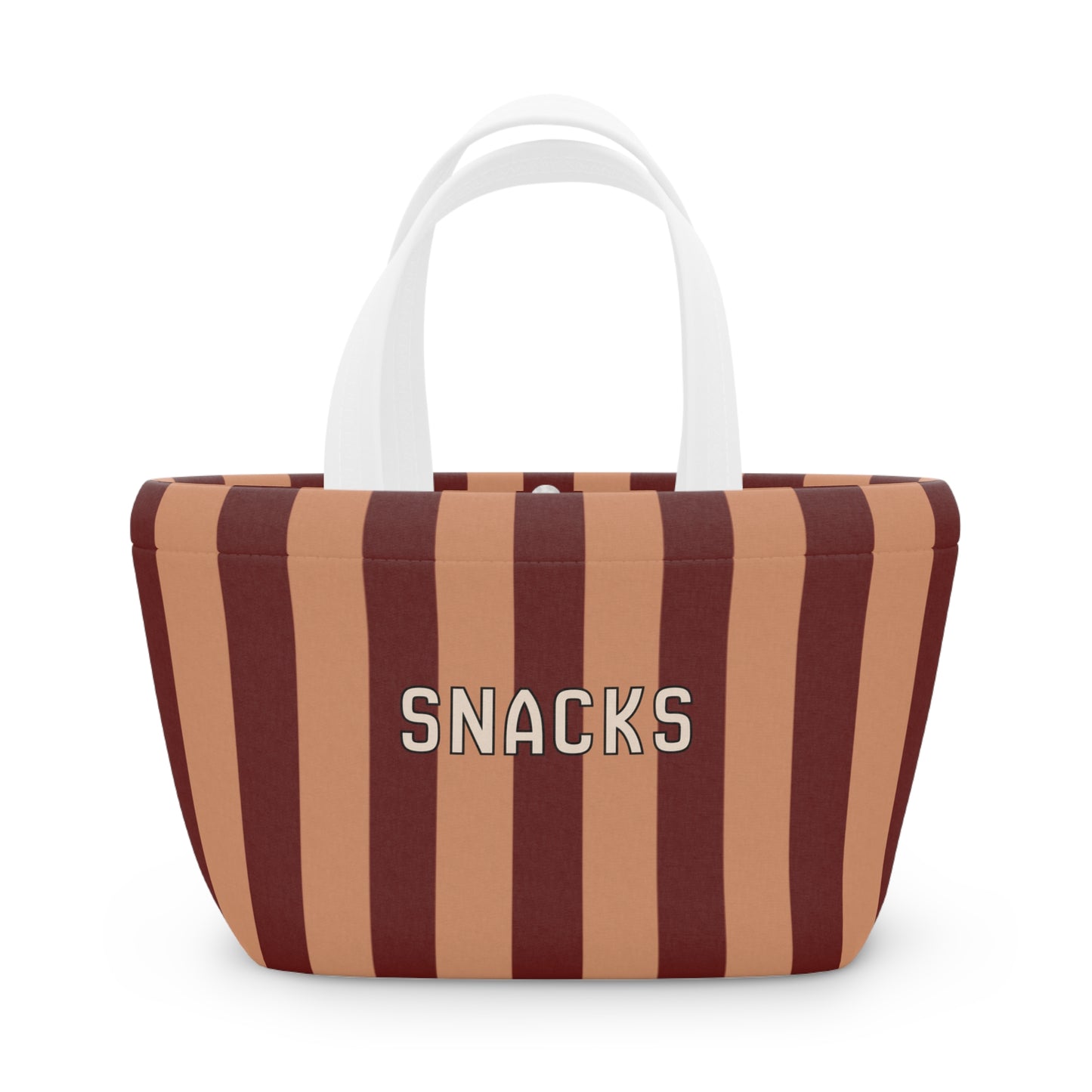 Striped bag with 'SNACKS' text on a white background