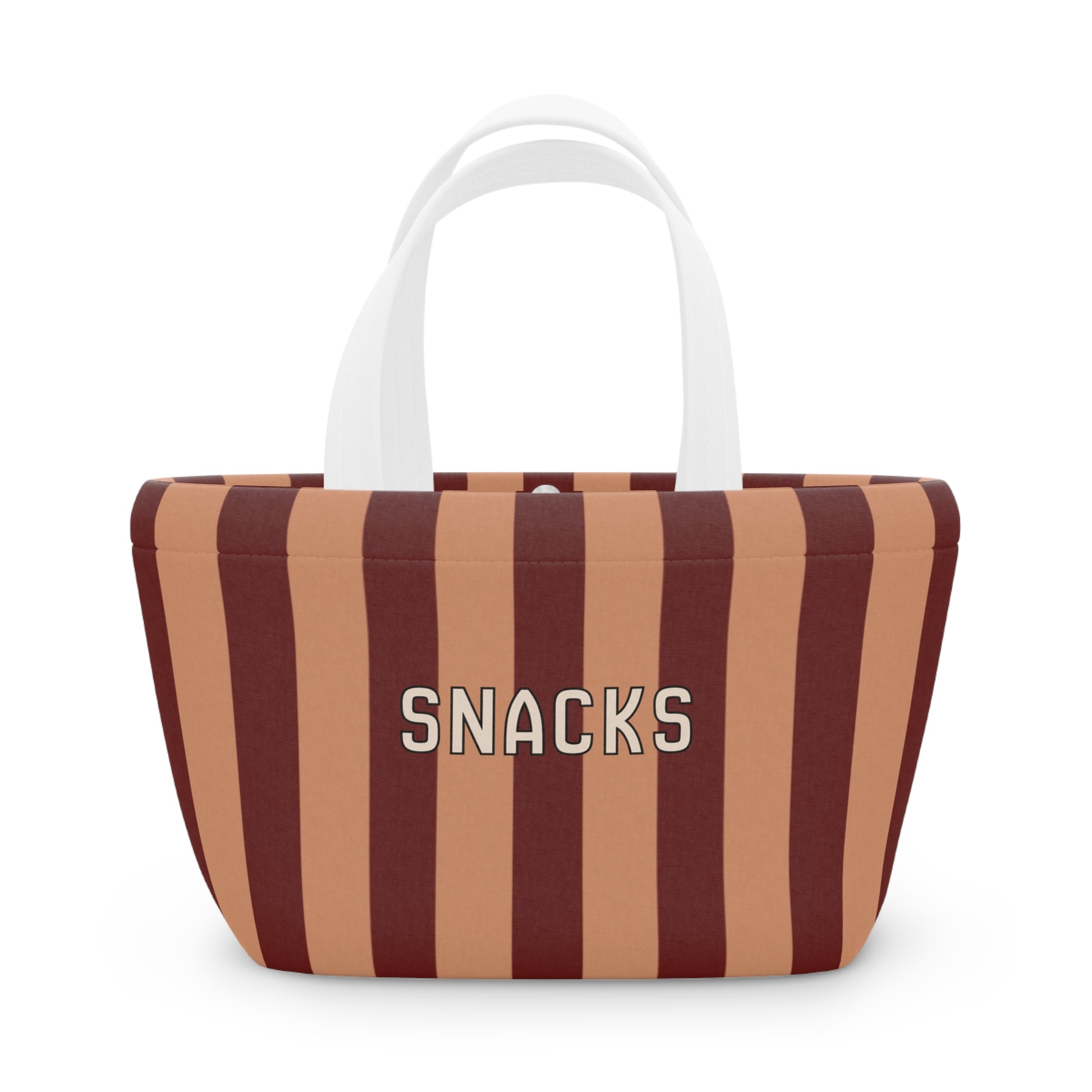 Striped bag with 'SNACKS' text on a white background