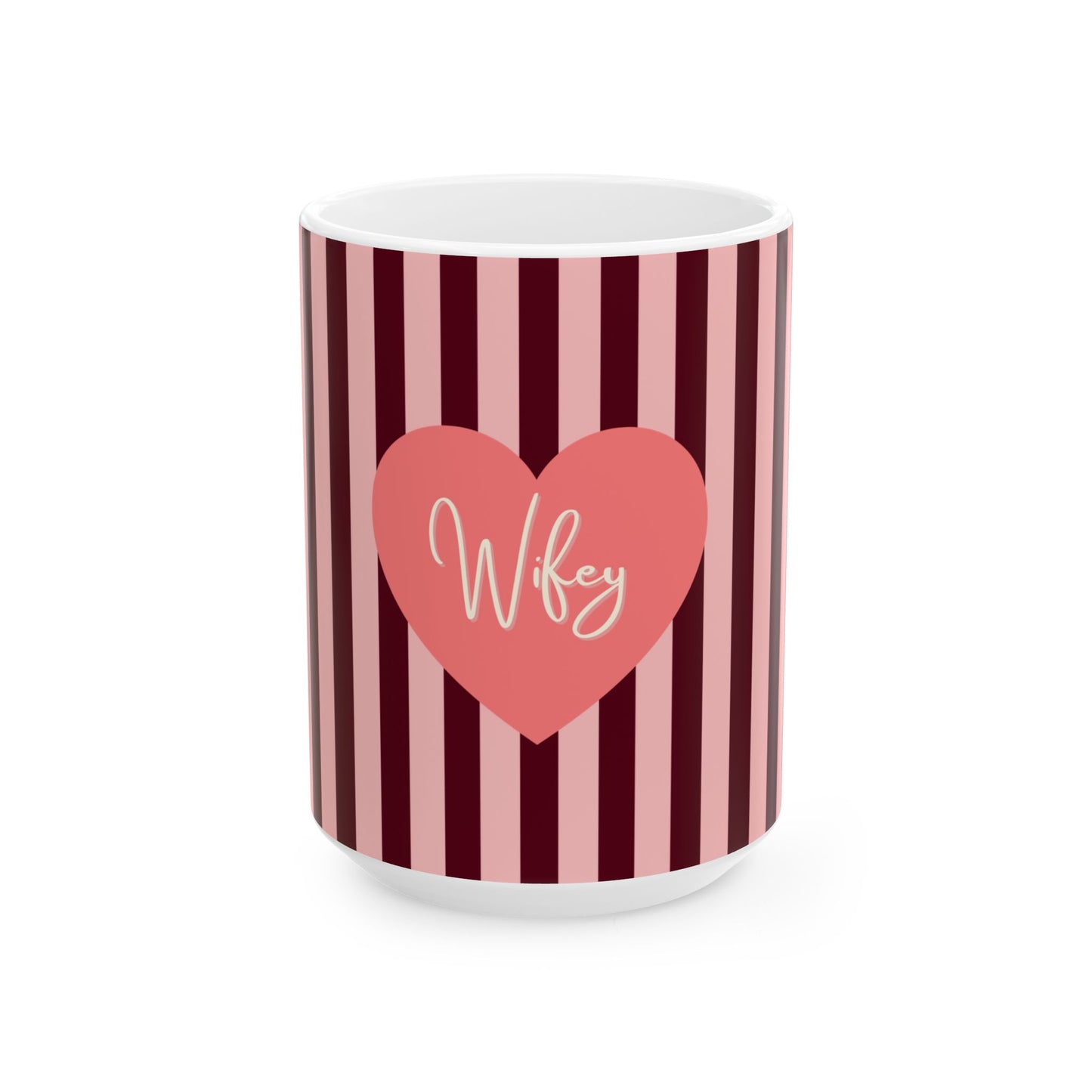 A white ceramic mug featuring a vertical stripe pattern in dark red and dusty pink, with a central pink heart graphic containing the white script text 'Wifey'.