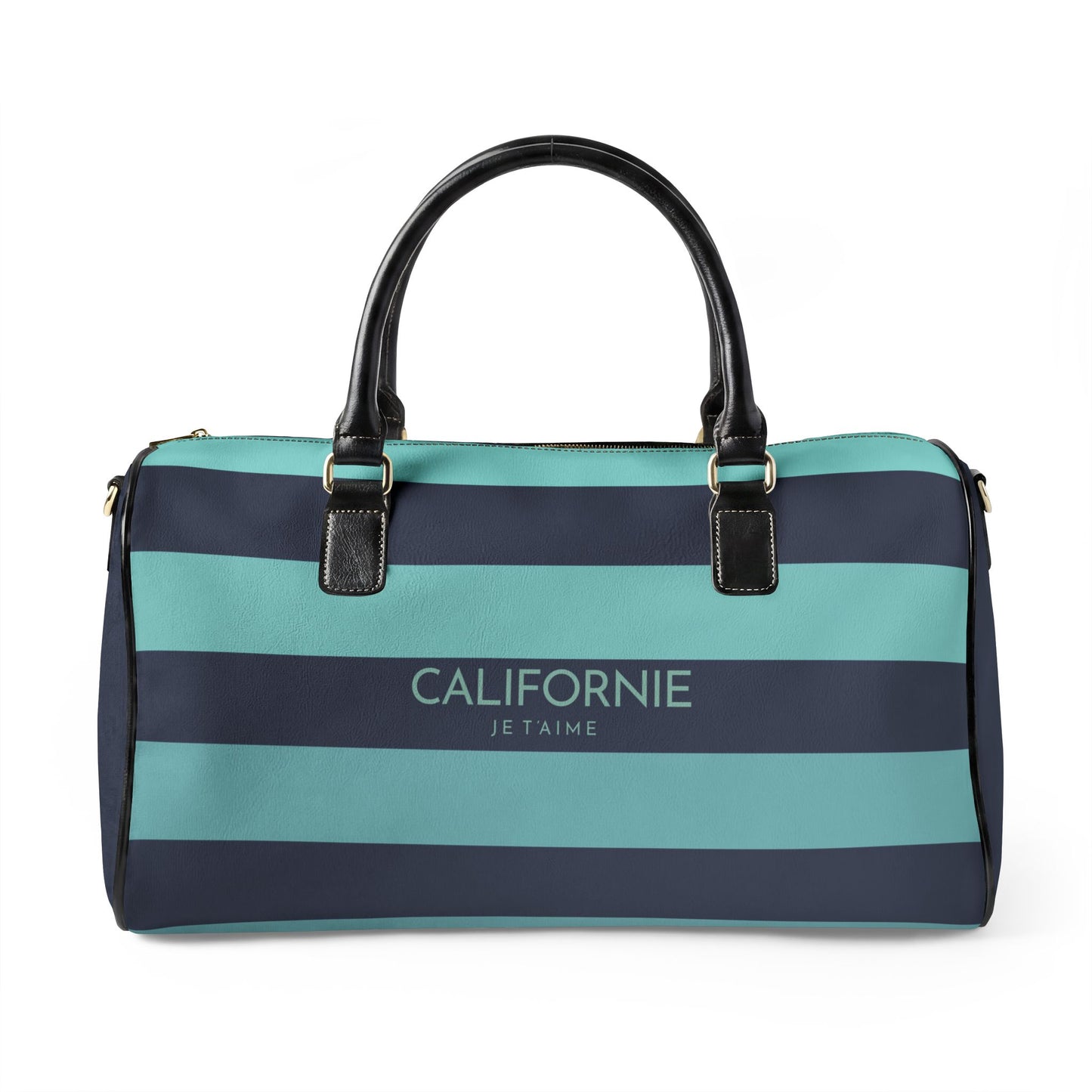 Striped duffel bag with 'Californie Je T'aime' text on a white background
