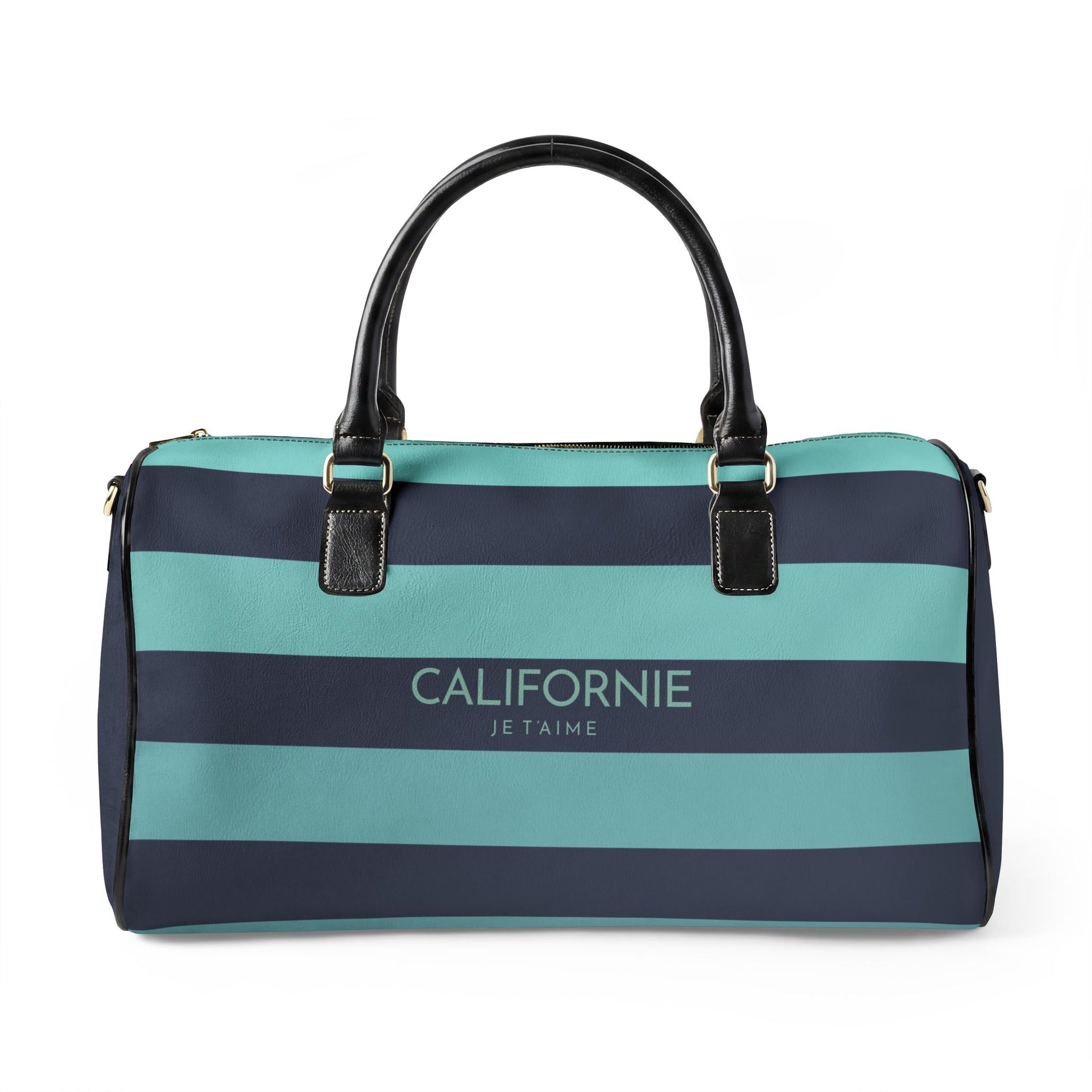 Striped duffel bag with 'Californie Je T'aime' text on a white background