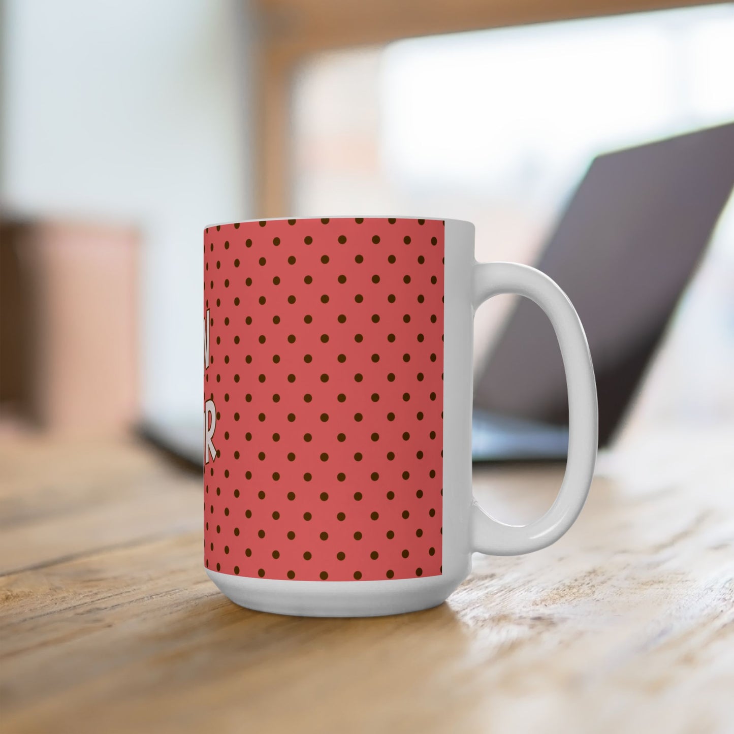 Bonjour Polka Dot Mug — Pink Retro Ceramic Coffee Cup (11oz & 15oz)