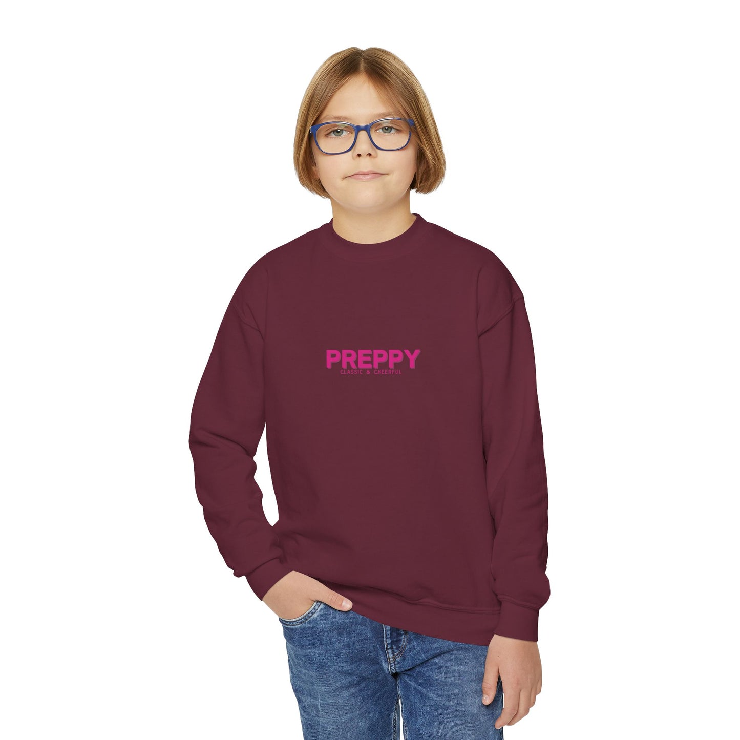 Child wearing a maroon sweatshirt with 'PREPPY' printed in pink on a white background