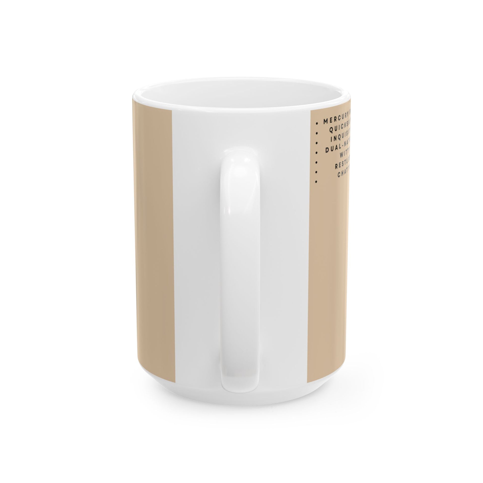 White mug with beige handle and side panel on a white background