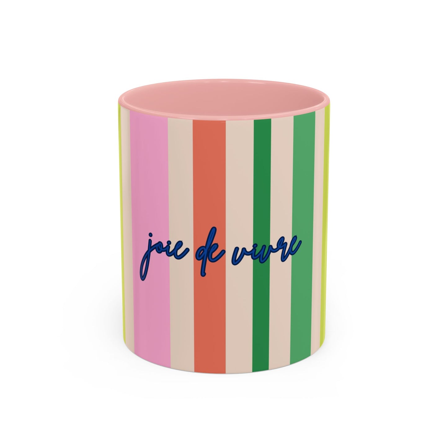 Colorful striped mug with 'juie de vivre' text on a white background
